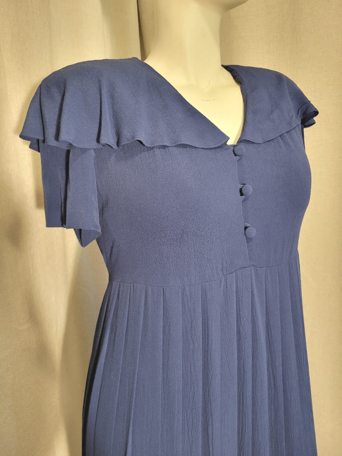 Vntg Empire Waist Dress Accordian Pleat Cape Collar 10 Donna Ricco Navy Nautical
