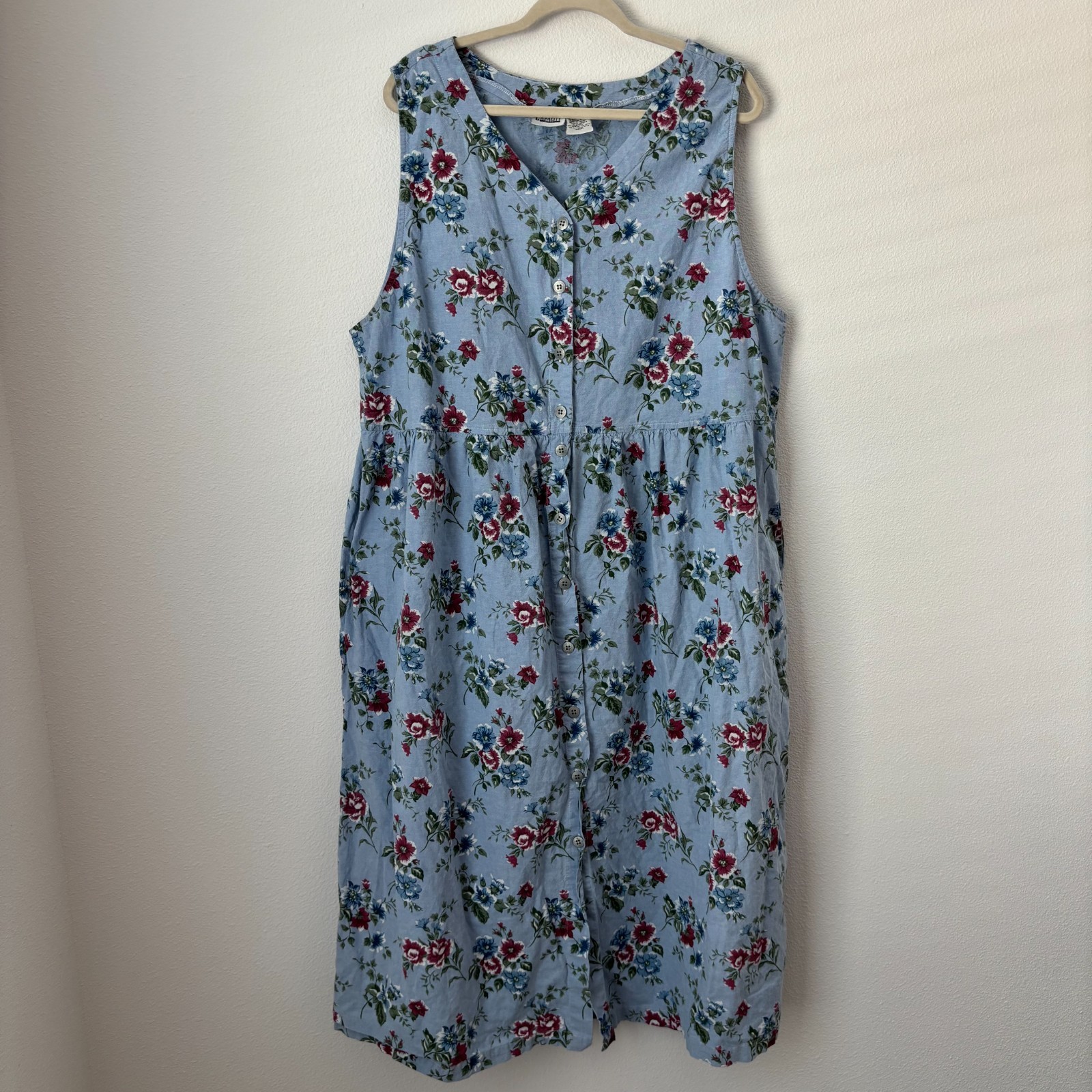 Vintage Capacity Dress Womens 2X Blue Floral Button Front Midi Cottage Prairie