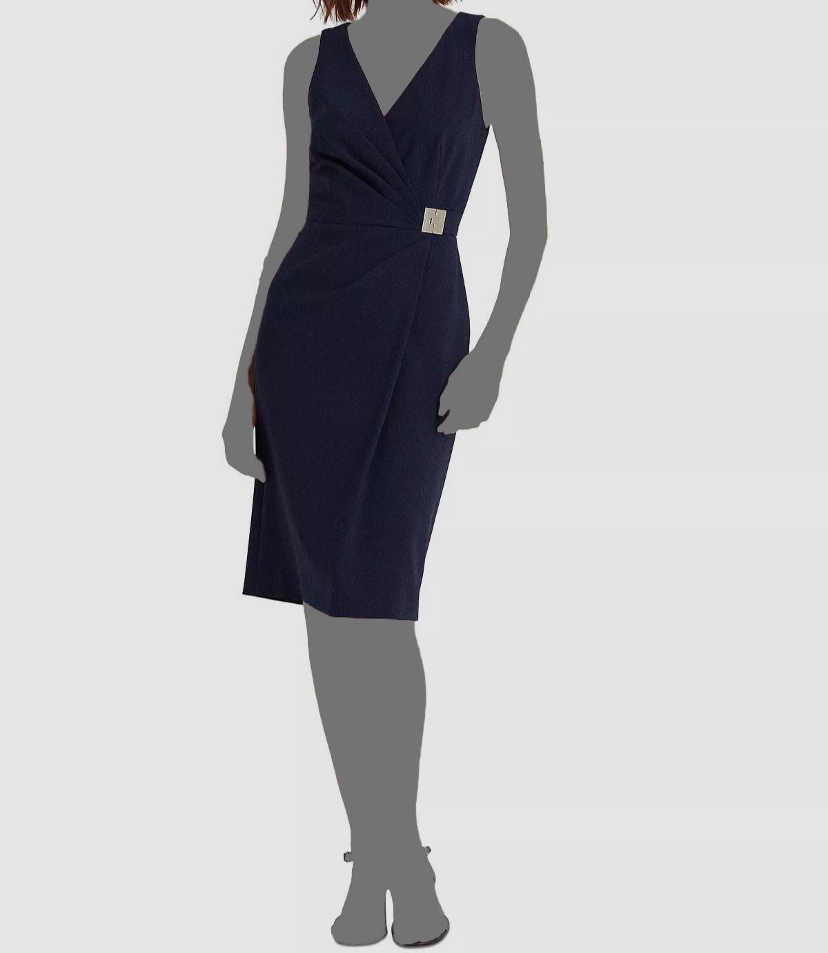 $165 Ralph Lauren Women Blue V-neck Pleated Silver Buckle Sheath Dress Size 14