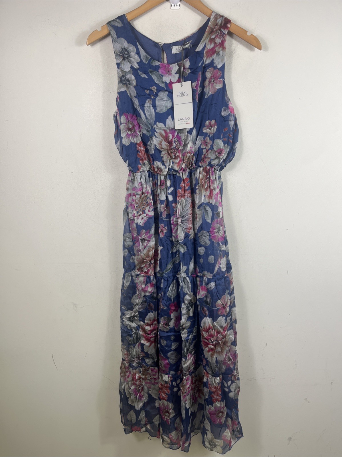 Lara G Womens Floral Silk Blend Blouson Maxi Dress Size S Blue Pink Lightweight