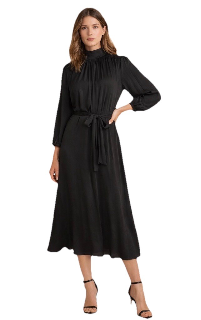 NWT Banana Republic Silky Black Tie Waist High Neck Flare Midi Dress Size XS