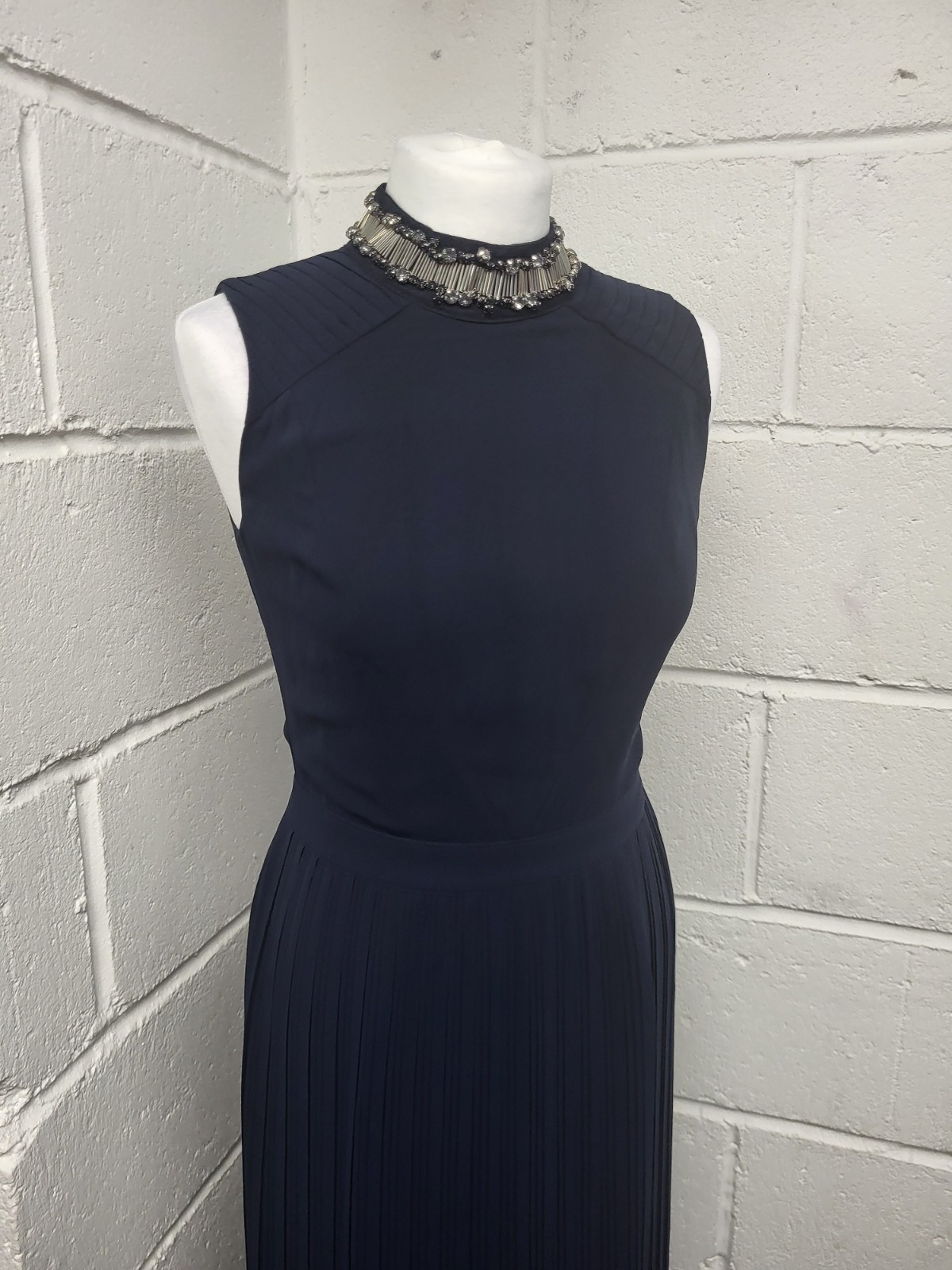 Spotlight Warehouse Navy Blue Embellished Neckline Pleated Maxi Dress Size 8. PT