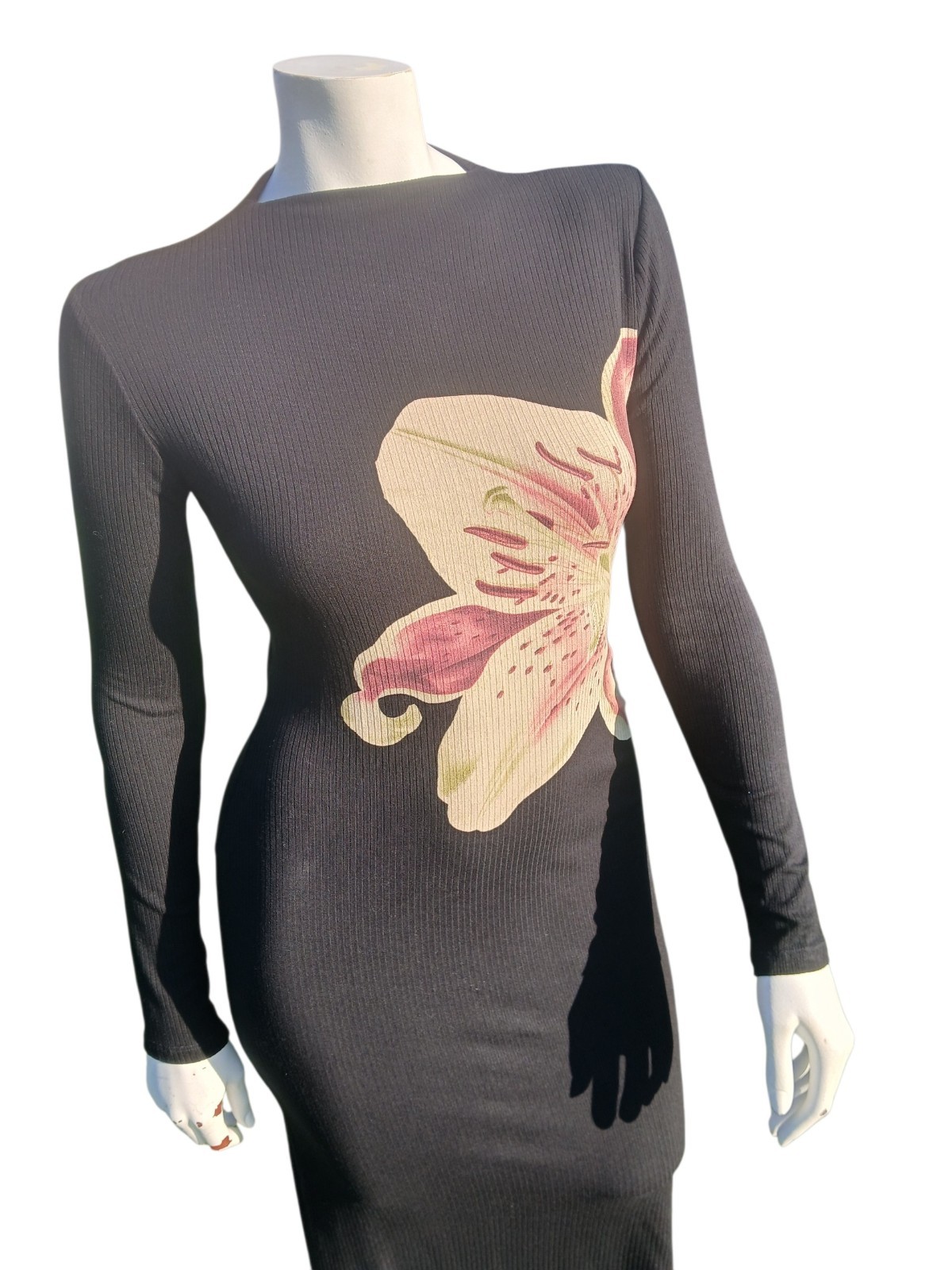 Desigual Black Lily Orchard Rib Midi Dress L Stretch Viscose Long Sleeves