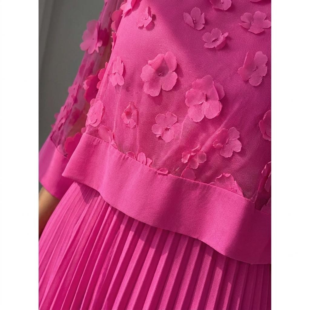 Women Pink Pleated Maxi Dress Mesh Overlay Cape Sleeve A-Line Elegant S-XXL US