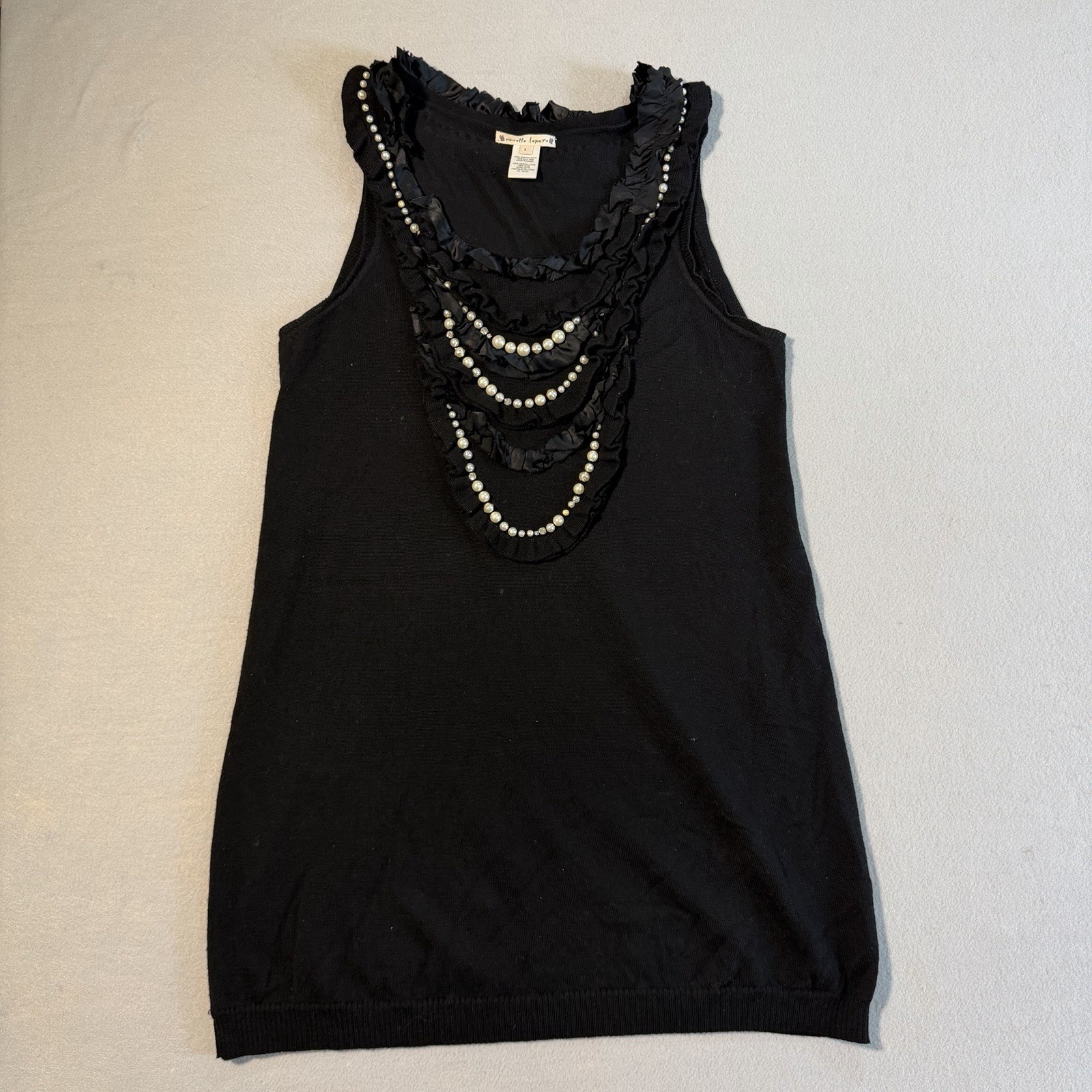 NANETTE LEPORE 100% Merino Wool Black Sleeveless Knit Sweater Dress L Pearls