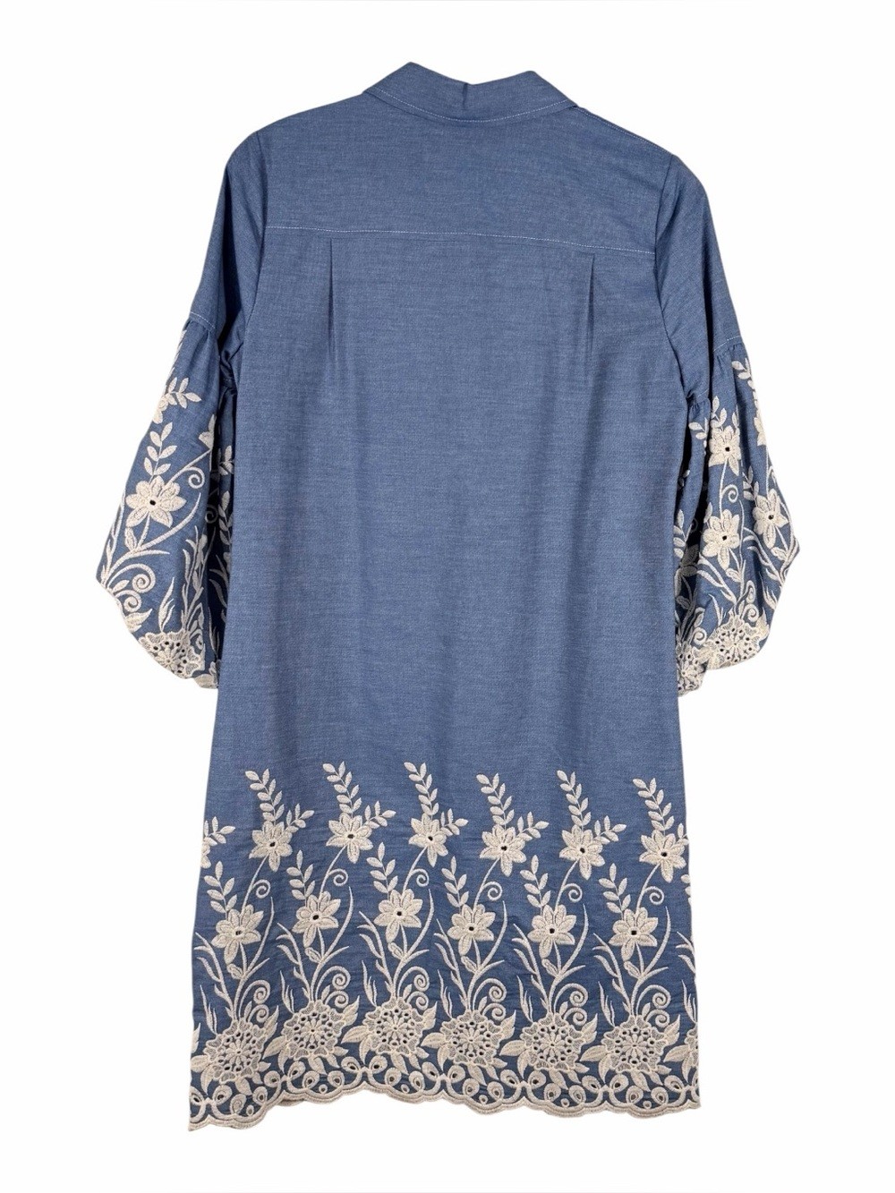 Etcetera NWT Blue Embroidered Denim-like Shirt Dress with White Floral Trim.