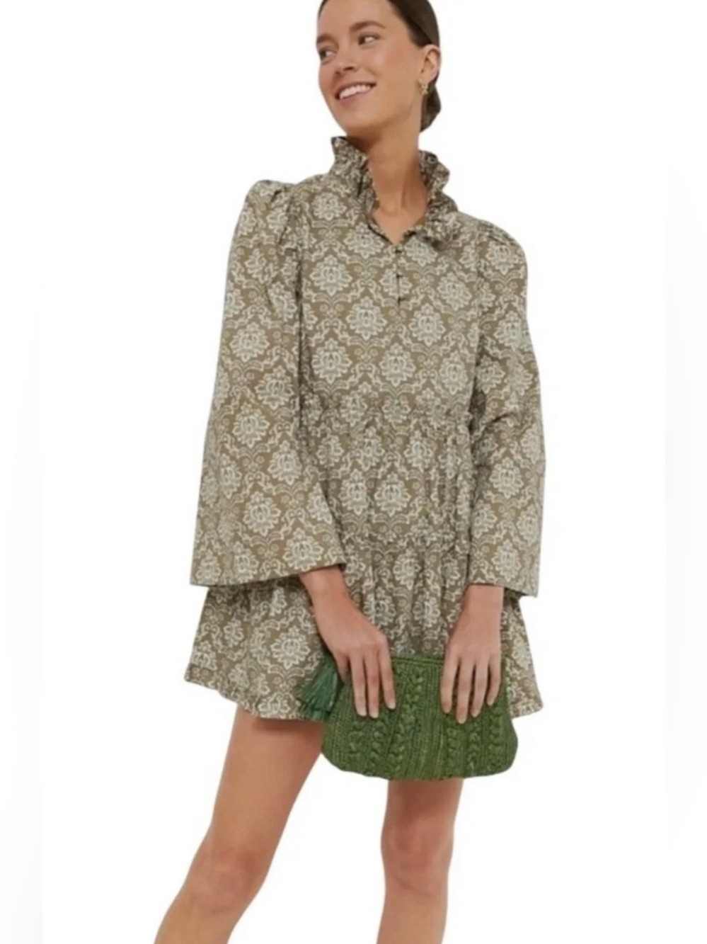 NWT Medium Tuckernuck Hyacinth House Bell Sleeve Tiered Mini Dress in Olive