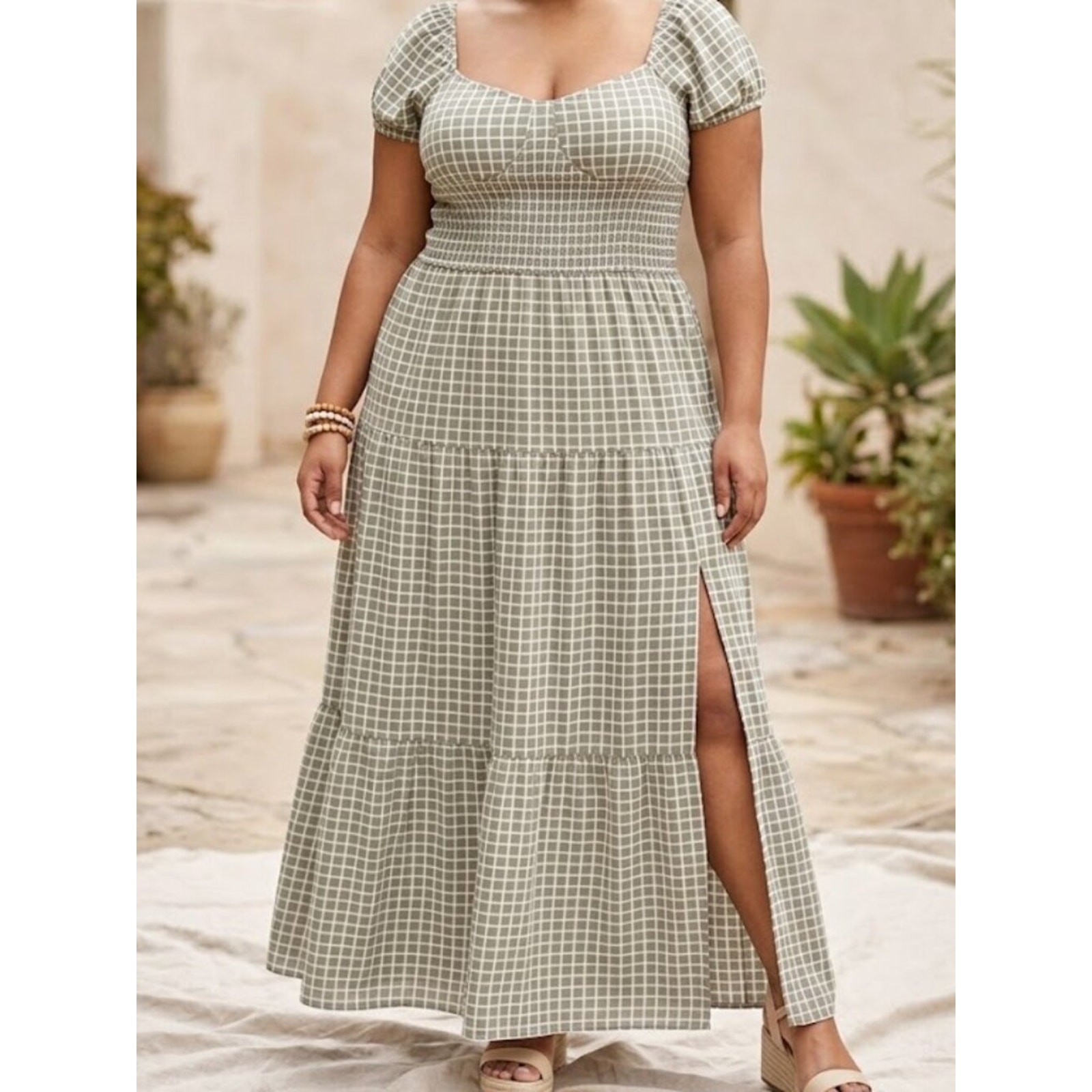 Maxi Dress 3X Peasant Smocked Pockets Long Plaid Boho CottageCore Side Slit NWT