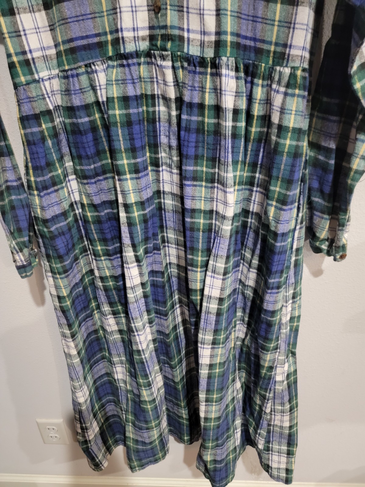 VTG 90s Hazel Creek Plaid Flannel Maxi Dress L Cotton Grunge Cottagecore Green