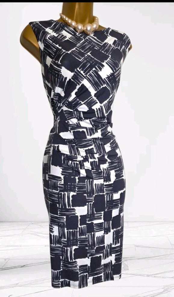 Phase Eight Celena check dress size 16 grey white stretch wiggle ruched