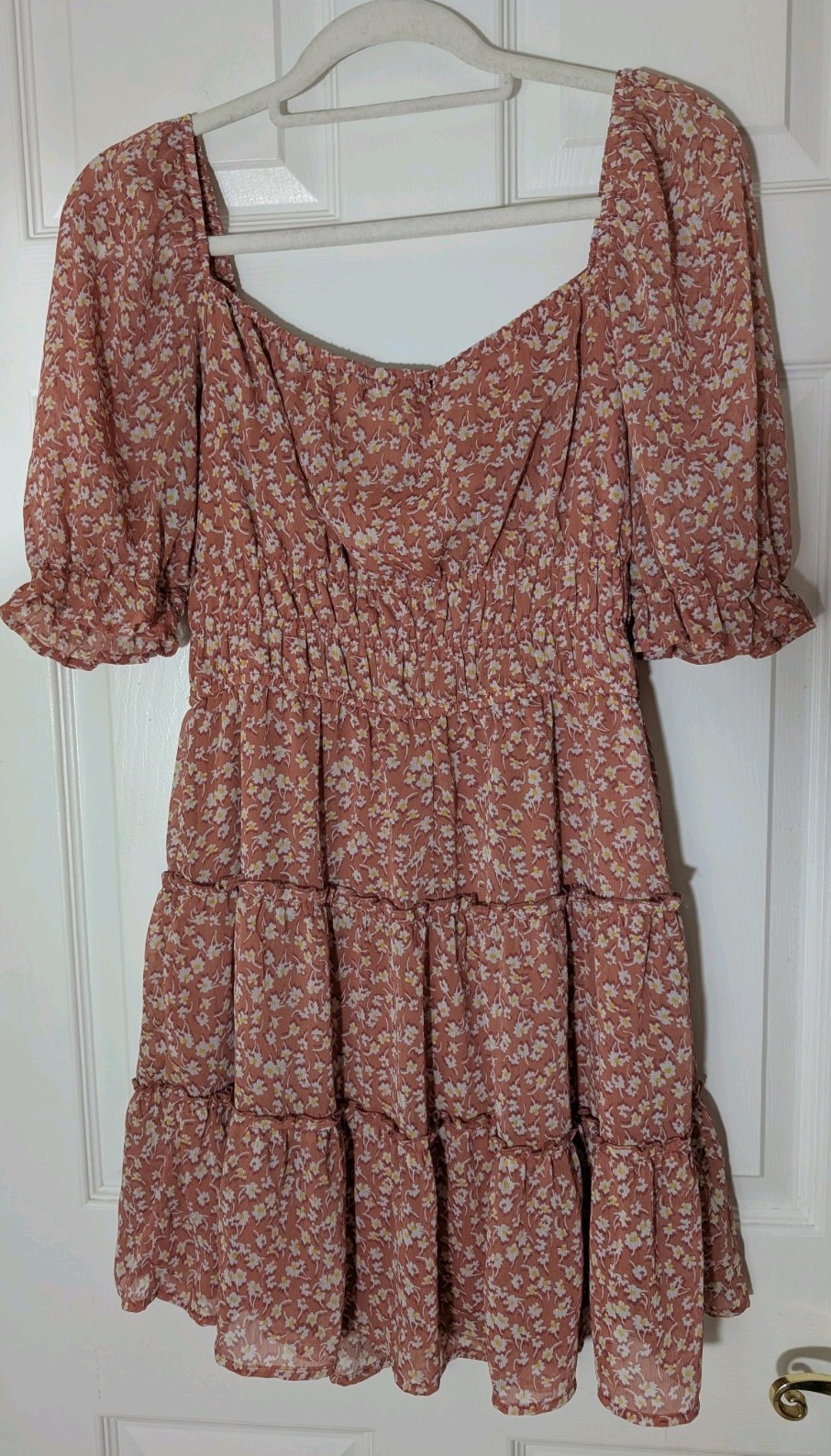 Trixxi Floral Smocked Puff Sleeve Square Neck Mini Dress Pink/Peach Size Large