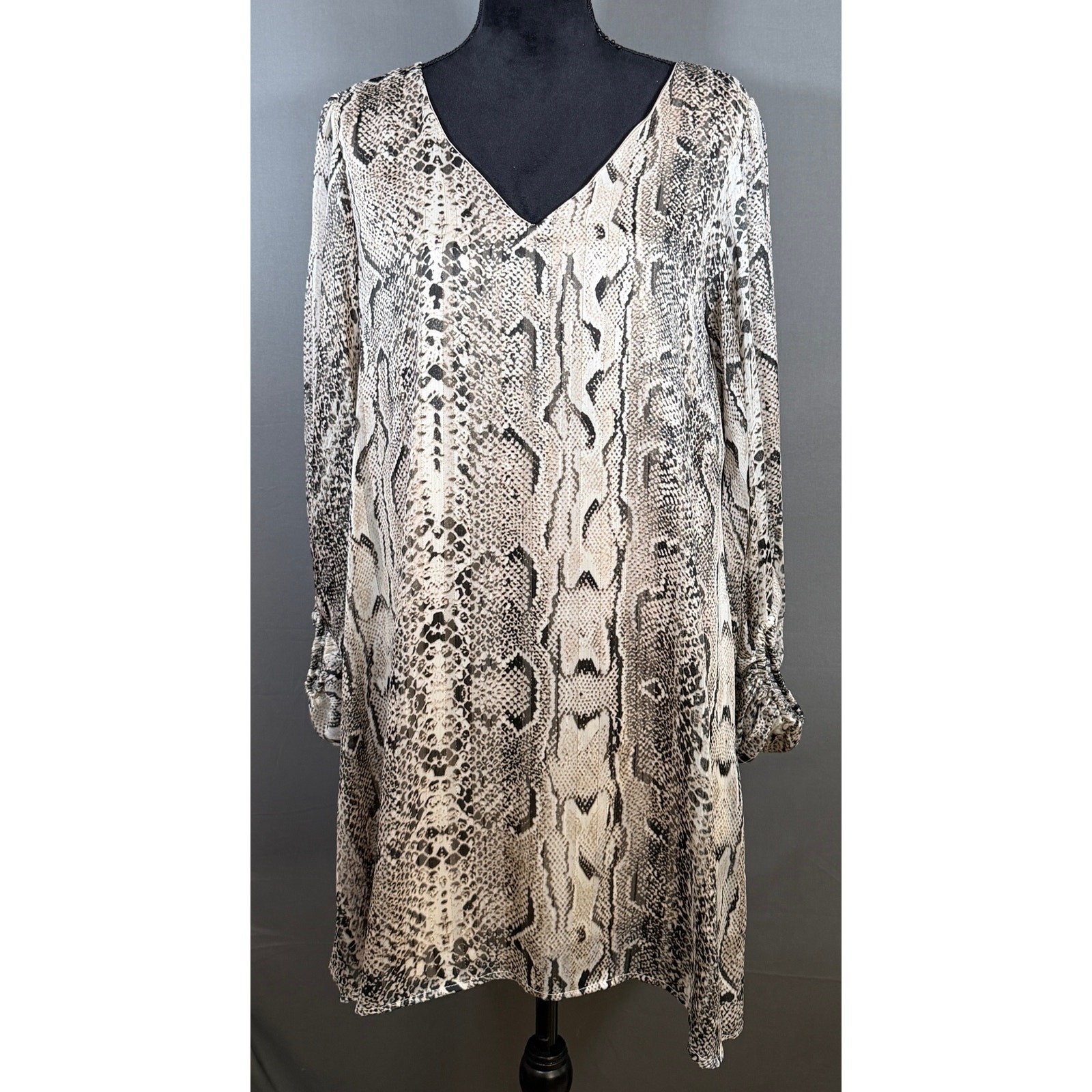 Adrienne Python Print Chiffon Dress Womens L Metallic Thread Sheer Sleeve USA