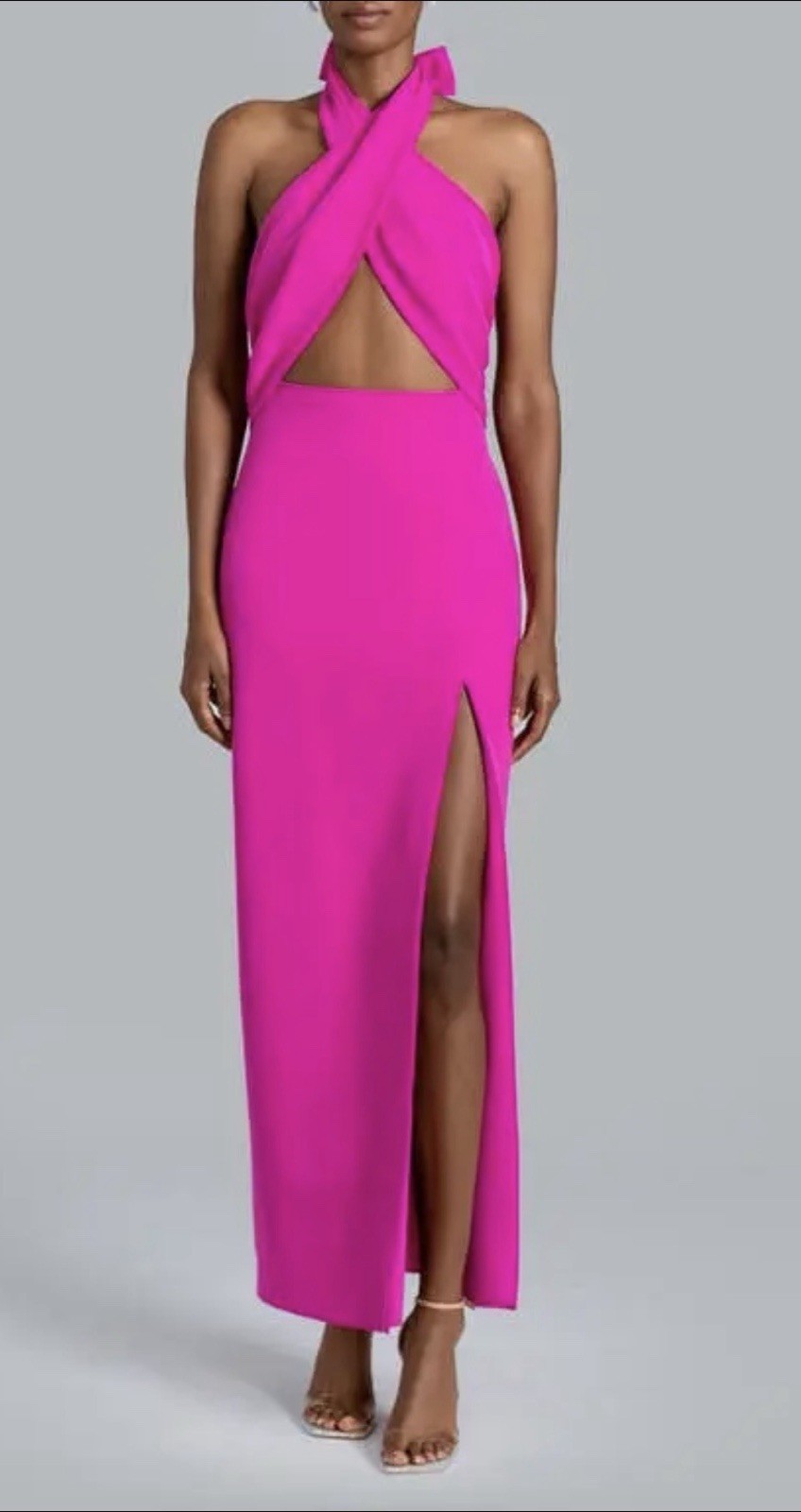 GHRAIL Piper Stretch Crepe Halter Cross Front Maxi Slit Dress Fuchsia Pink Sz M