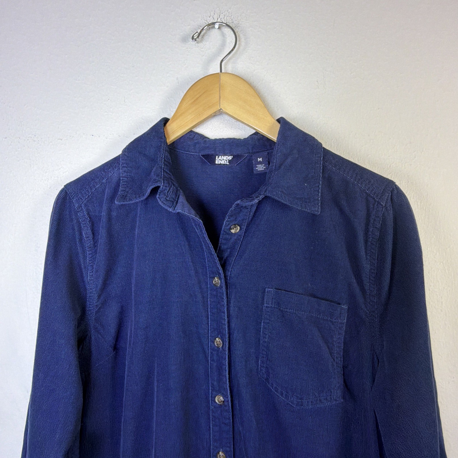 Lands’ End Corduroy Button Down Midi Shirt Dress Womens Large Navy Blue cottage