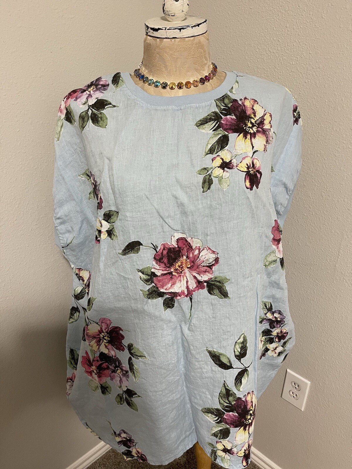 NWT Made in Italy 100% Linen Baby Blue Floral Lagenlook Dress OS XL Hi-Lo Pocket