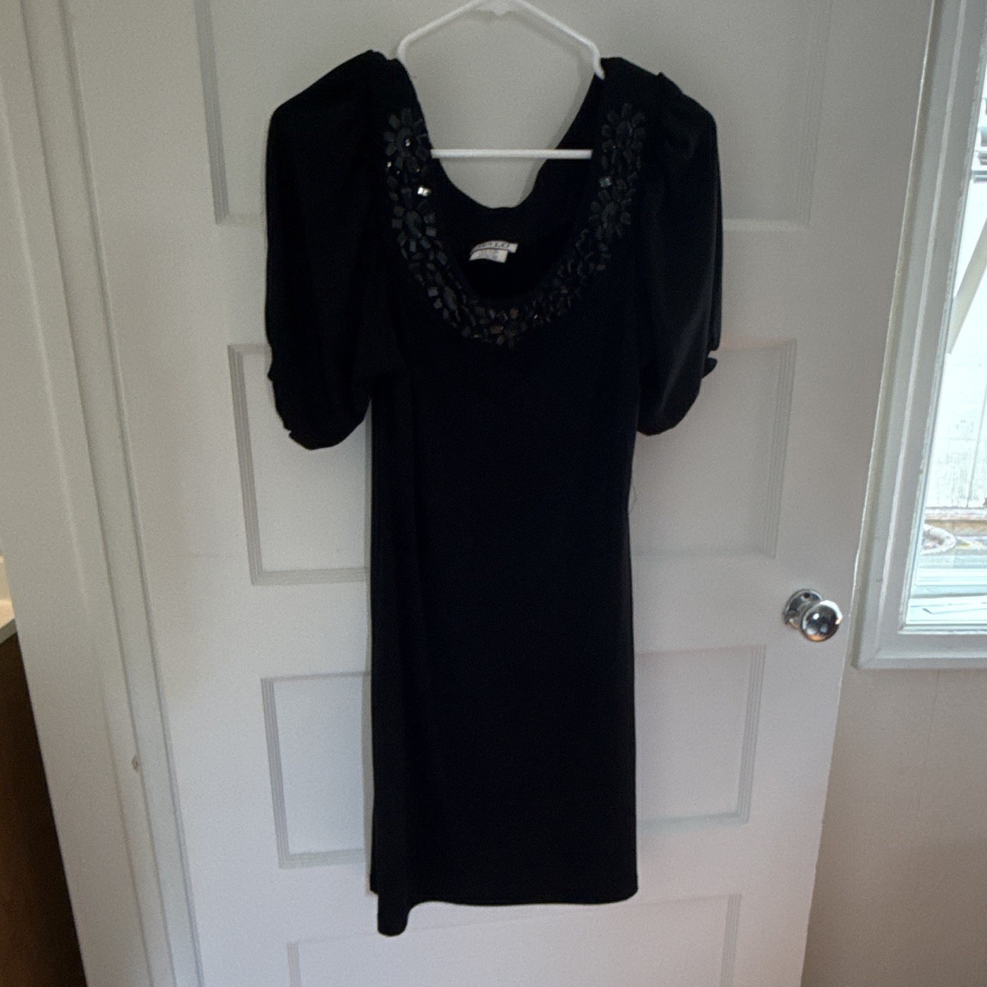 HALO Women’s Sheath Dress Beaded Scoop Neck Puff Short Sleeve Black Size M