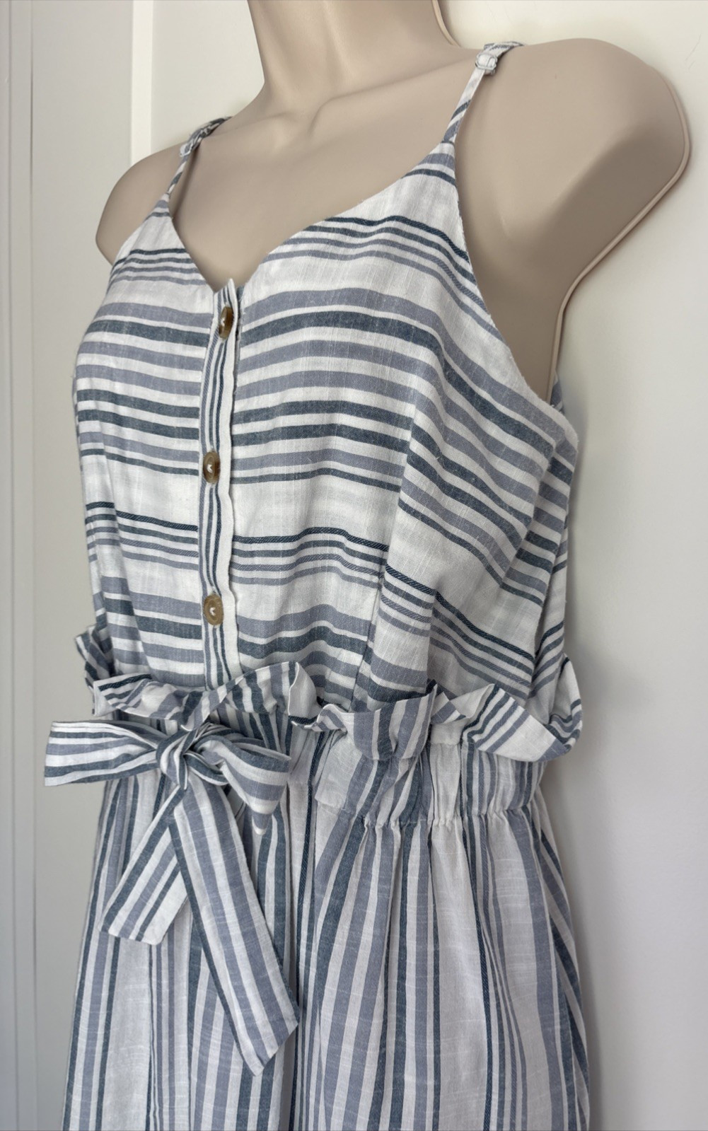 Japana Sun Dress L Blue & White Stripe Maxi Fabric Tie Belt 100% Cotton