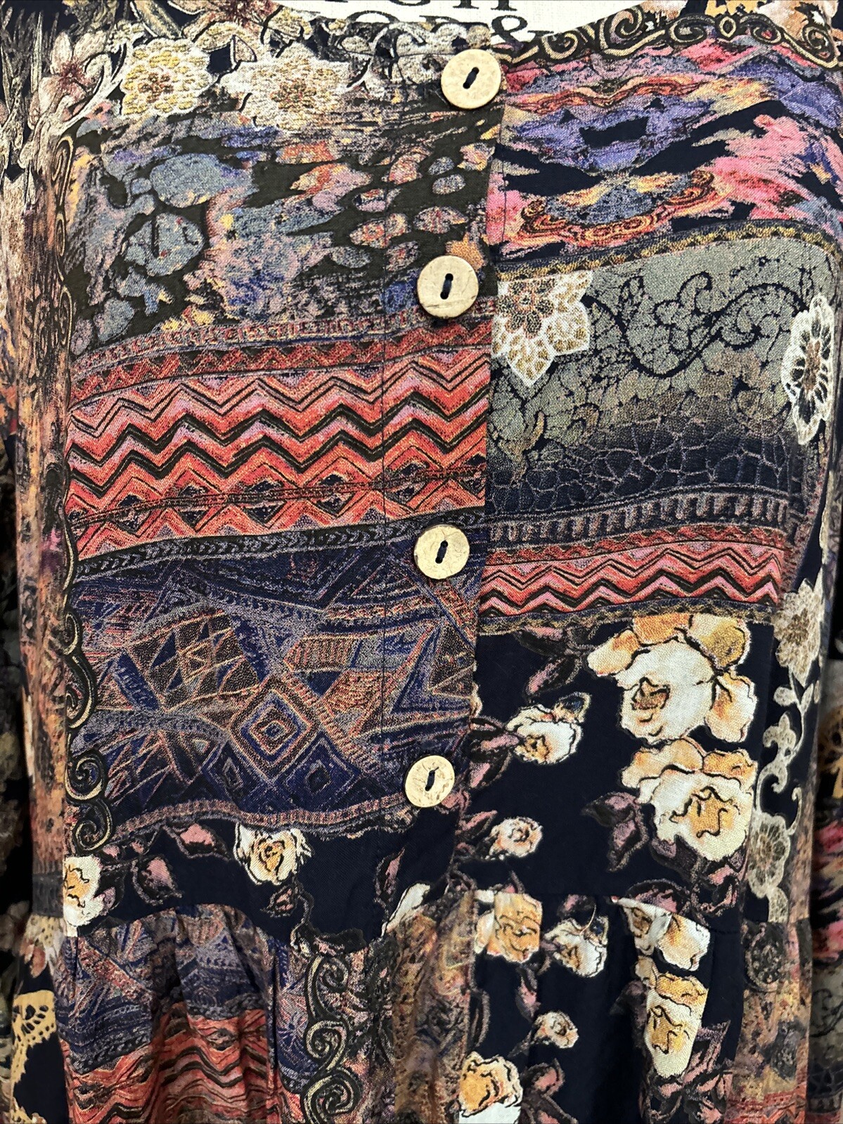 Papillon Patchwork Printed Dress Women’s XL Boho Artsy Blue Floral Style 15526