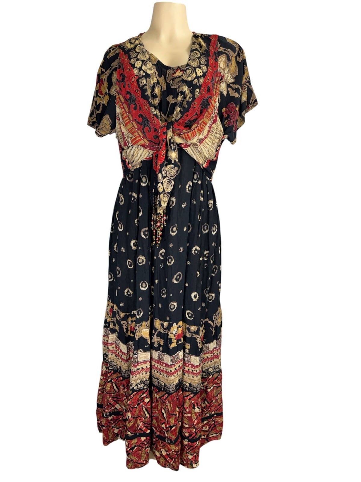 vintage Carole Little mixed-print boho maxi dress.