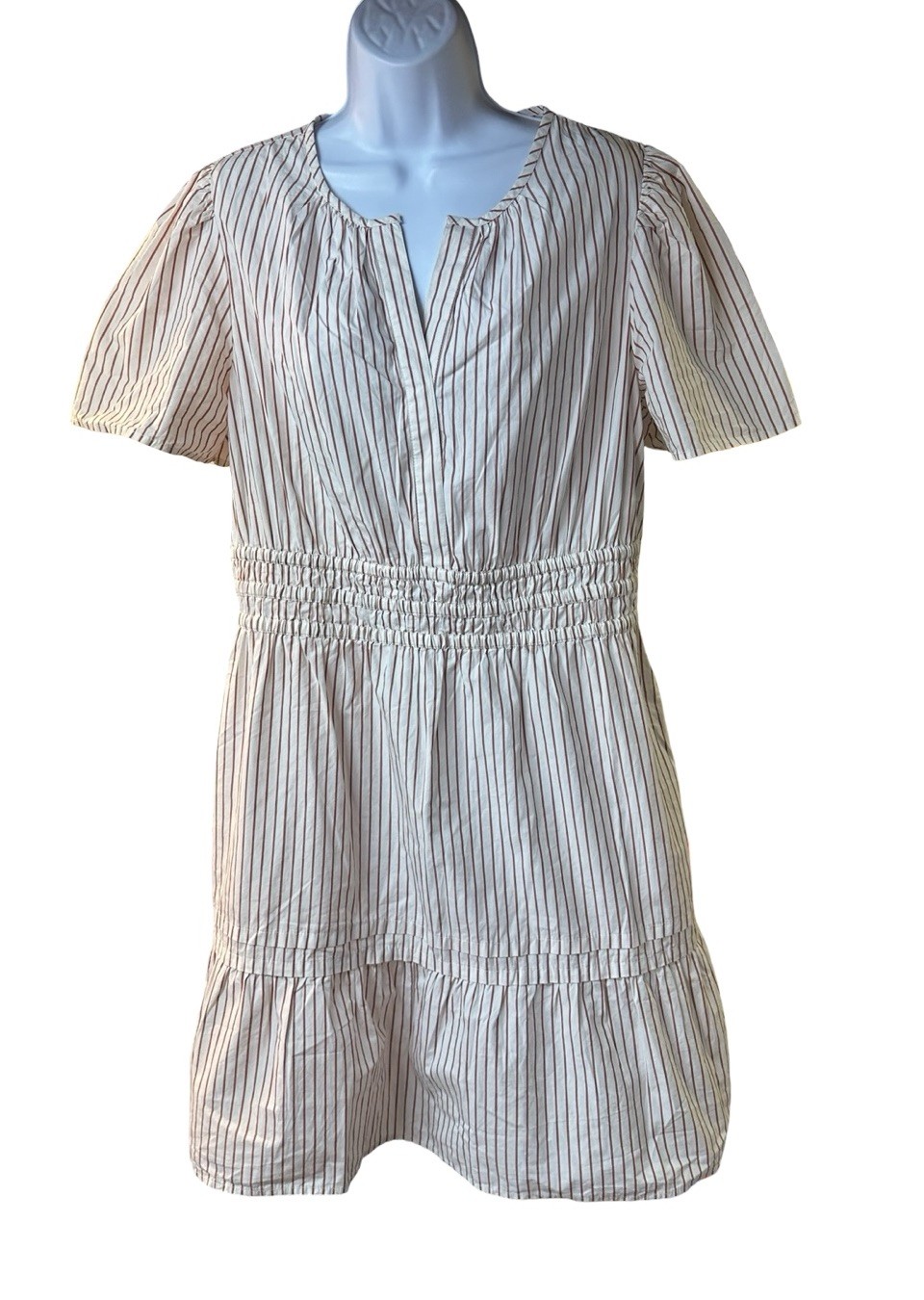 Quince 100% Organic Cotton Terracotta Stripe Poplin Tiered Mini Dress Sz L