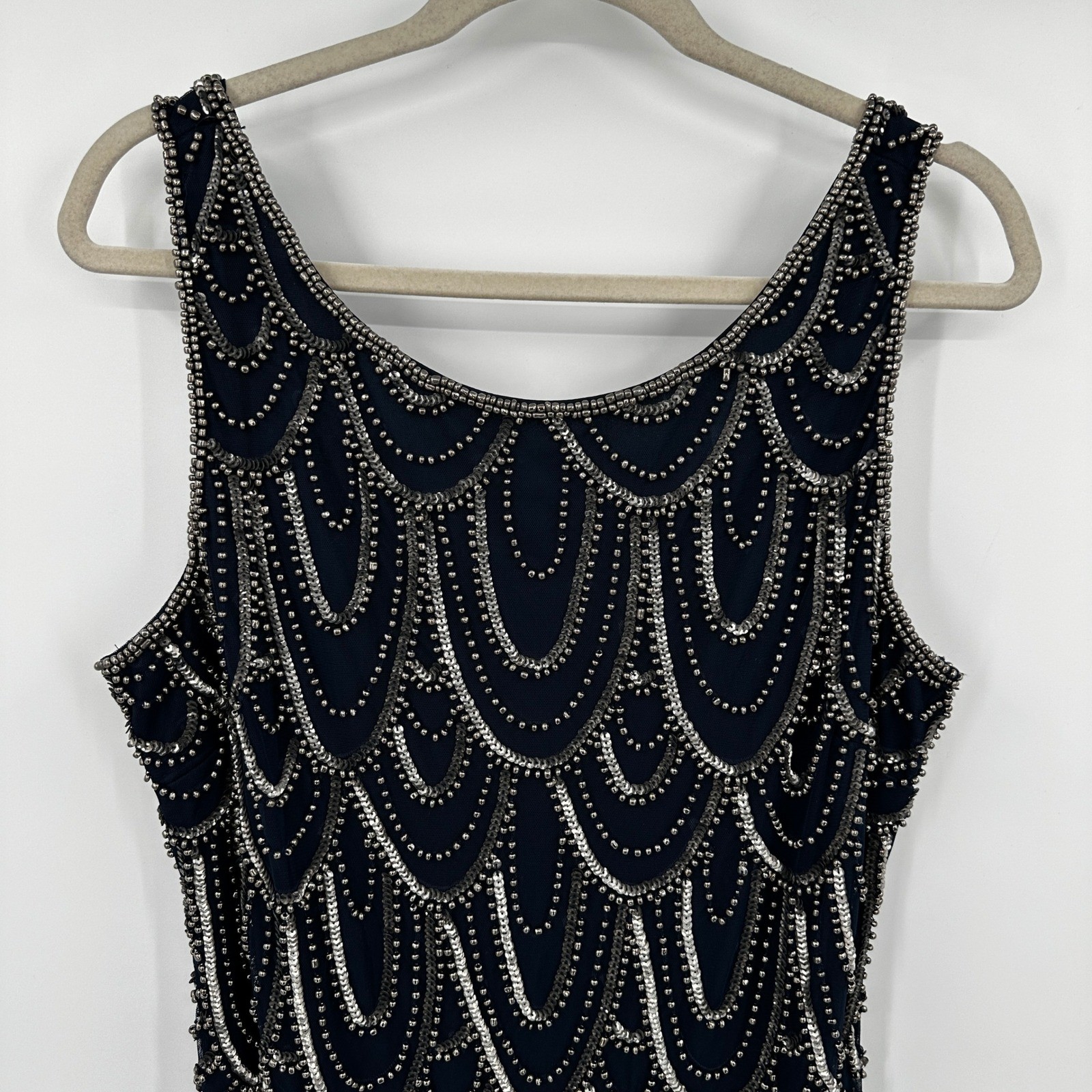 Pisarro Nights Black Beaded Sequin Flapper Dress Art Deco Style Size 14 Cocktail