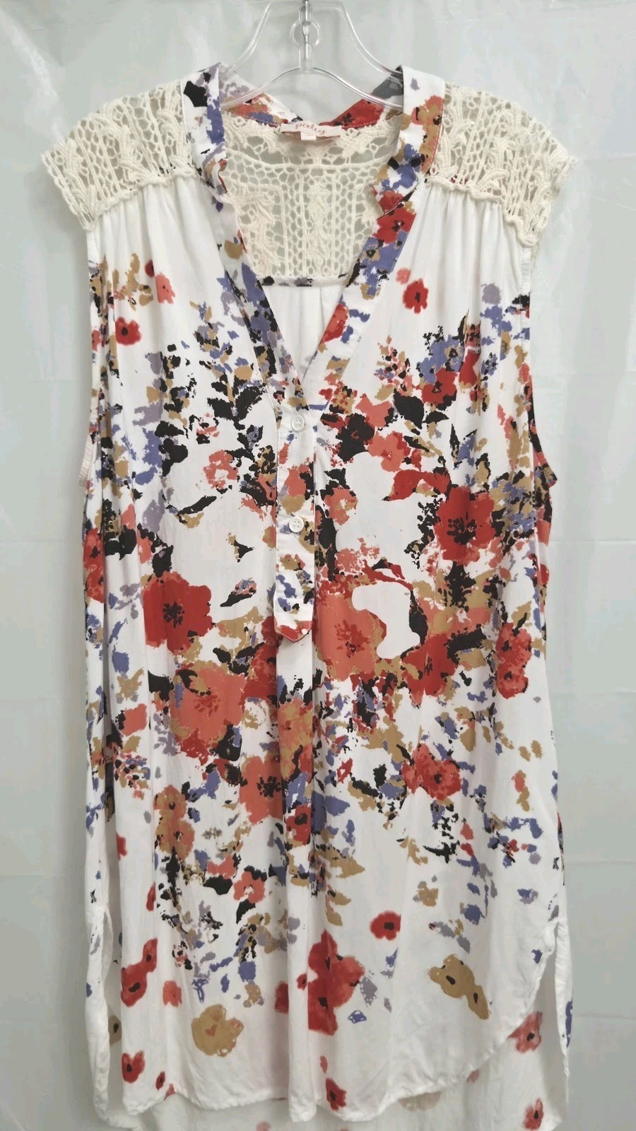 Pixley Floral Shift Dress S V-Neck Sleeveless Knee Rayon/Cotton Button Lace