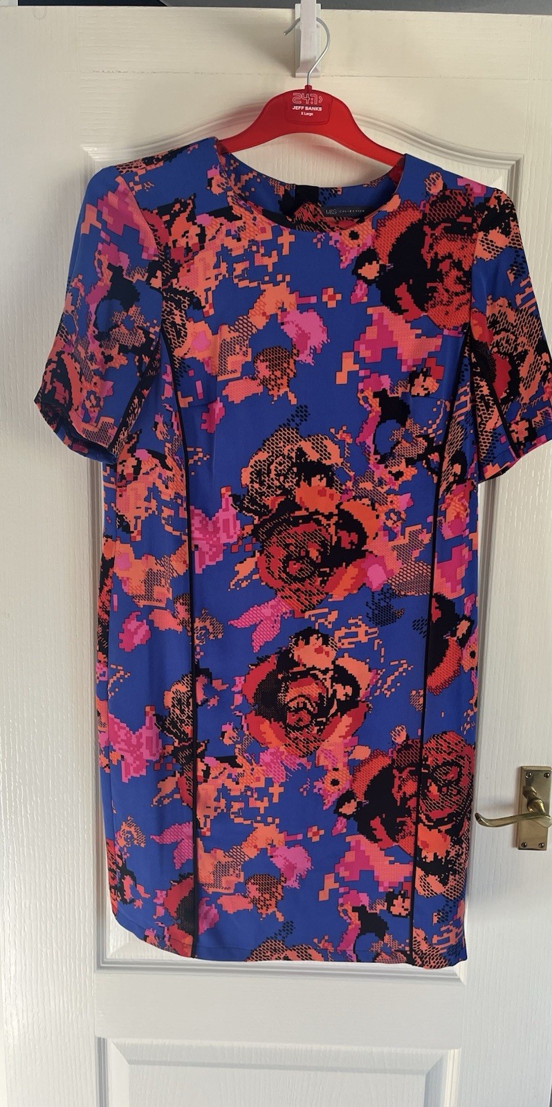M&S Cobalt Blue & Orange Mix Digital Rose Print Short Sleeve Shift Dress UK12
