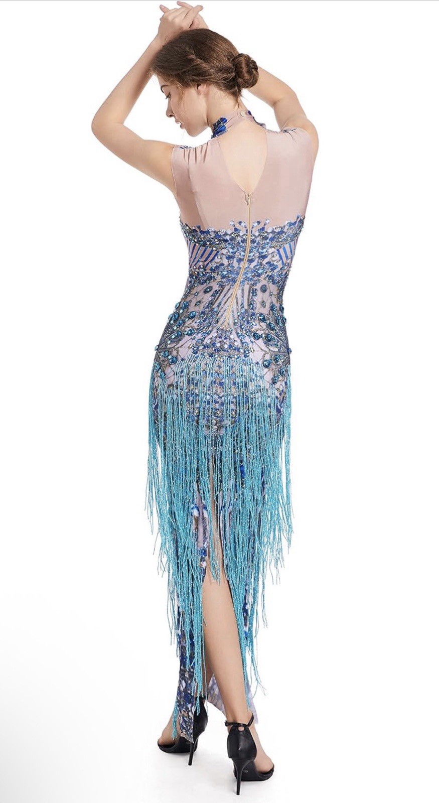 Women’s Blue Beaded Sequin Fringe Backless High Neck Long Gown S/M
