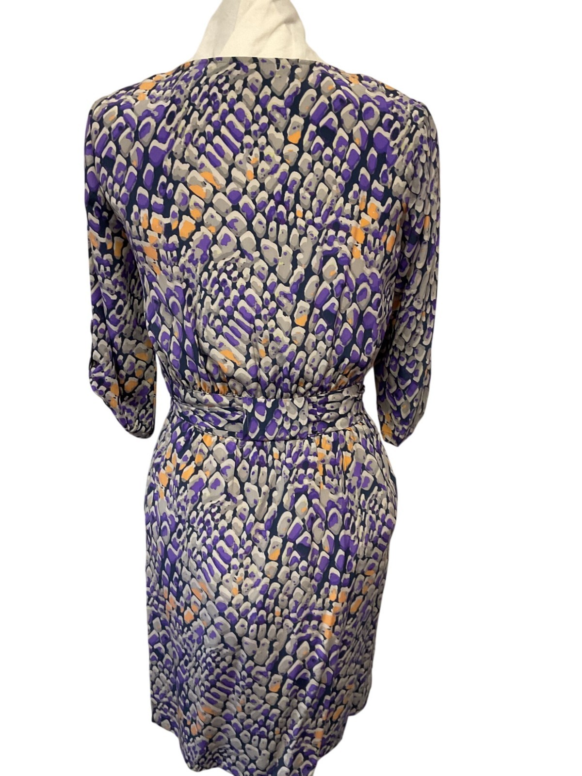 Presley Skye XS 100% Silk Abstract Print Wrap Dress W/ Belt Purple Peach & Grey