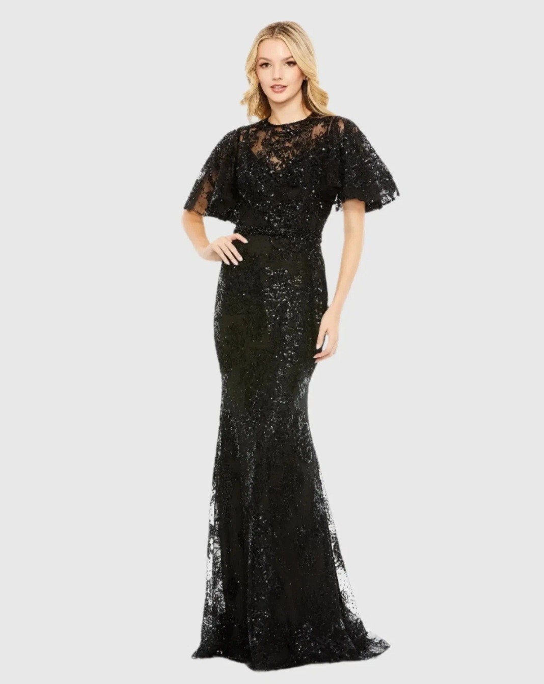 NWT, Mac Duggal Black Embellished Flutter Sleeve High si Neck Gown Size 10