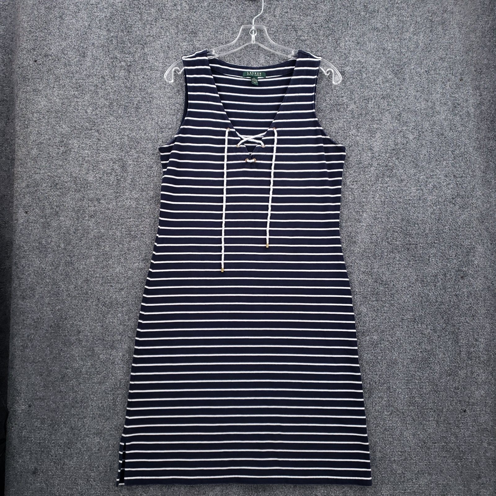 Ralph Lauren Straight Dress Womens Large Blue Striped Sleeveless V Neck Lace Up