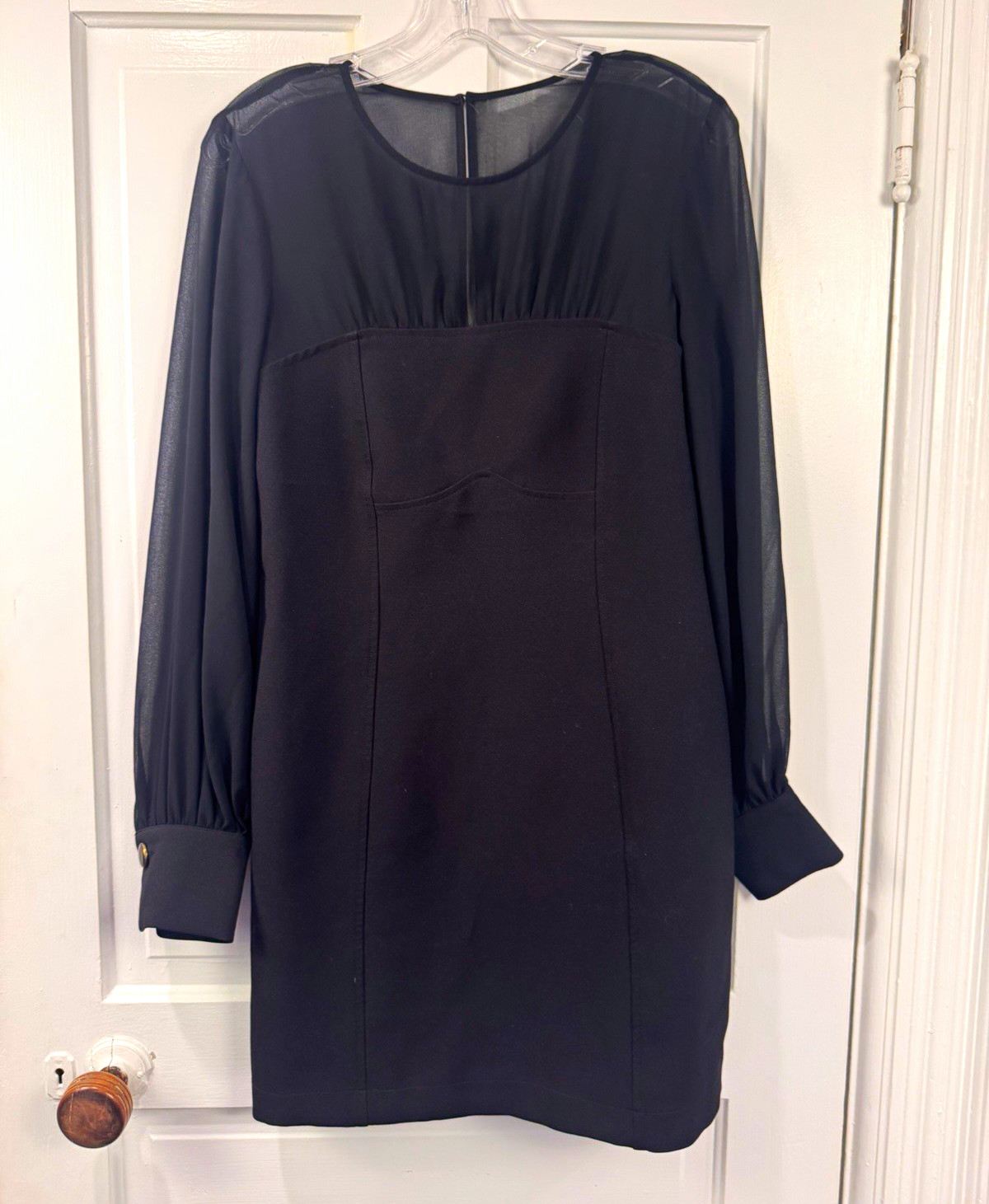 Maeve Black Solid Sheer Yoke Button Accent Round Neck Long Sleeve Shift 10