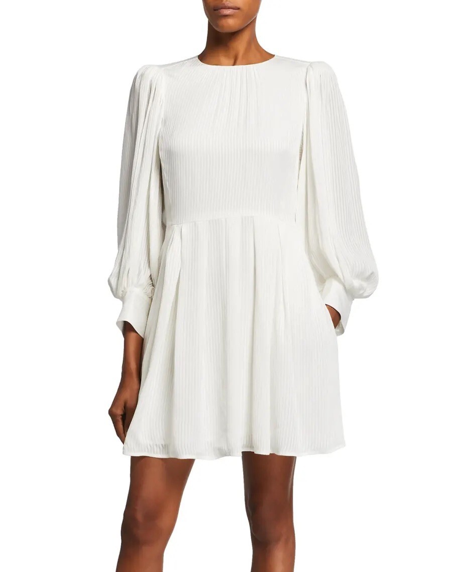 REBECCA TAYLOR Snow White Long Puff Sleeve Sheer Opaque Shadow Stripe Dress 2 XS