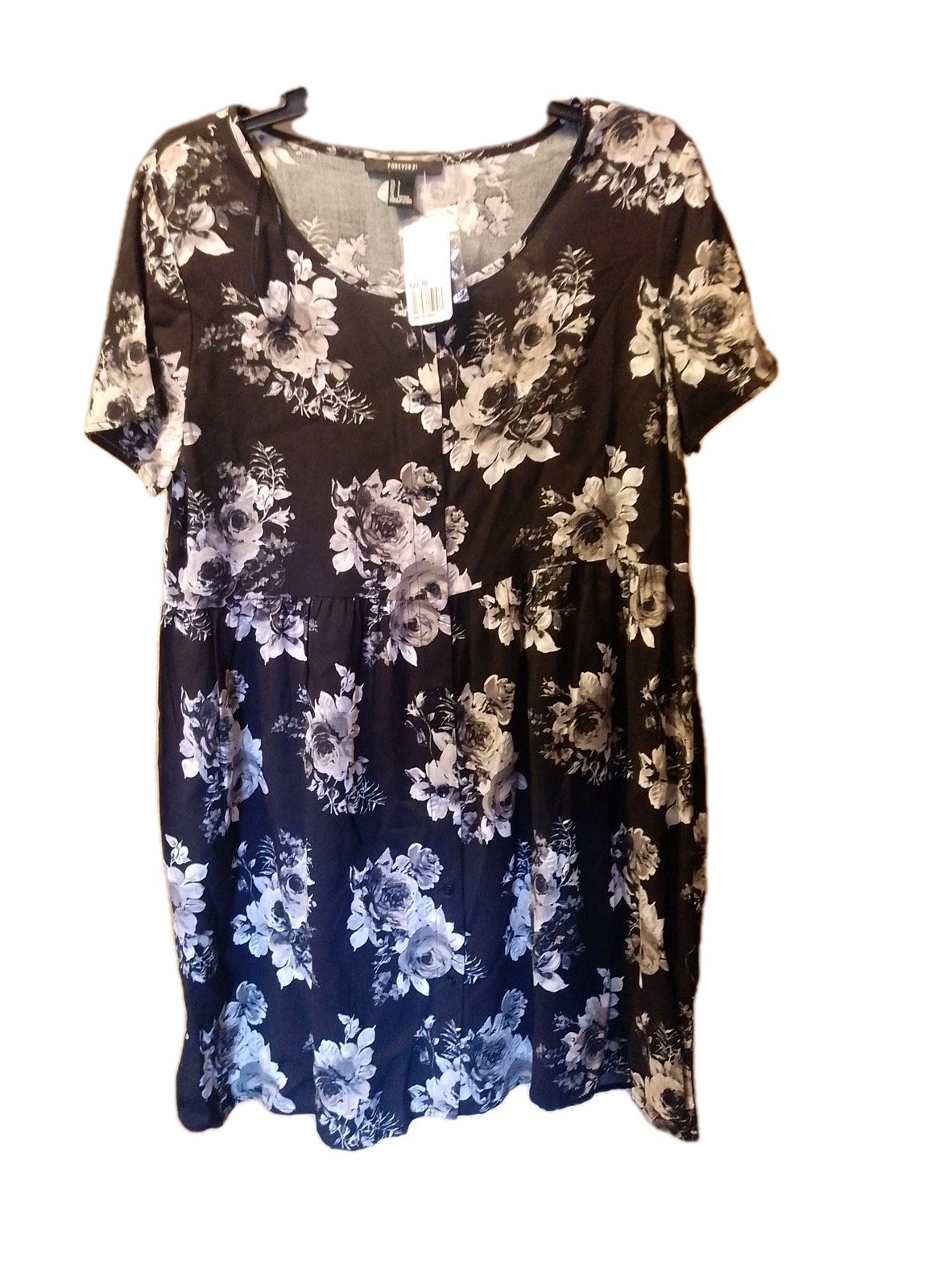 Sexy NWT New FOREVER 21 Black White Rose Print Short Dress Large With Buttons
