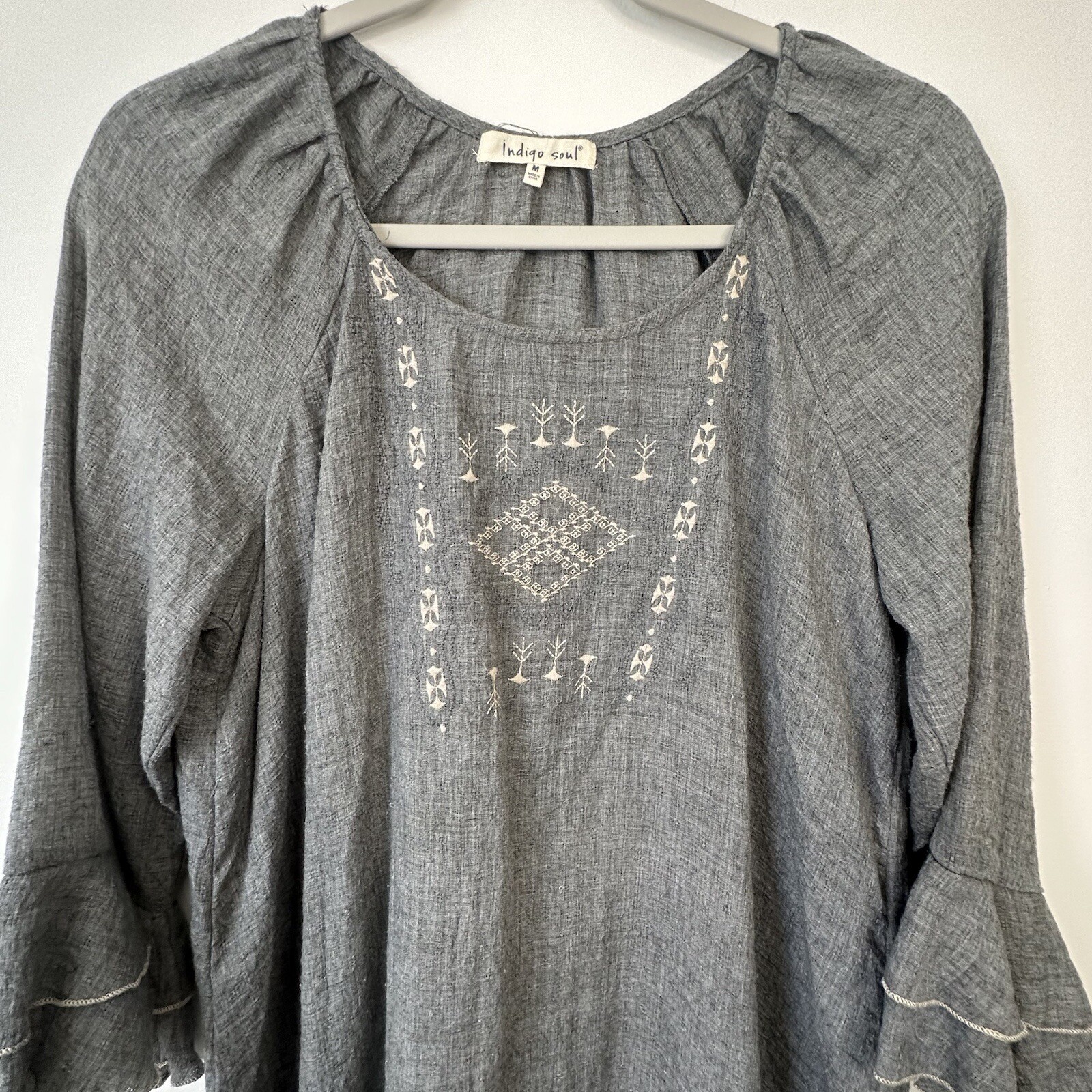 Indigo Soul Tunic Dress Gray Embroidered Boho Indie Knee Length Women Sz Medium
