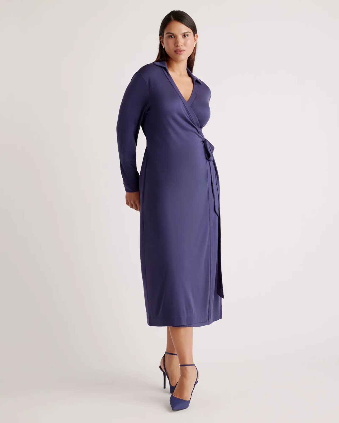 Quince 100% Silk V-Neck Jersey Midi Wrap Dress Womens Large Navy Blue NWT