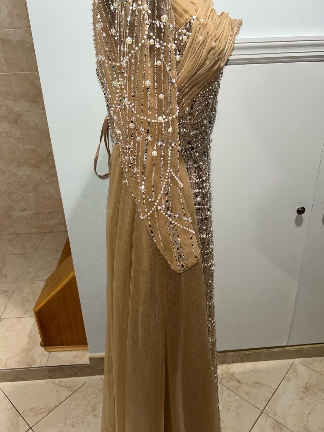 Champagne Long Sleeve Evening Gown with Pearl and Sequin Beading