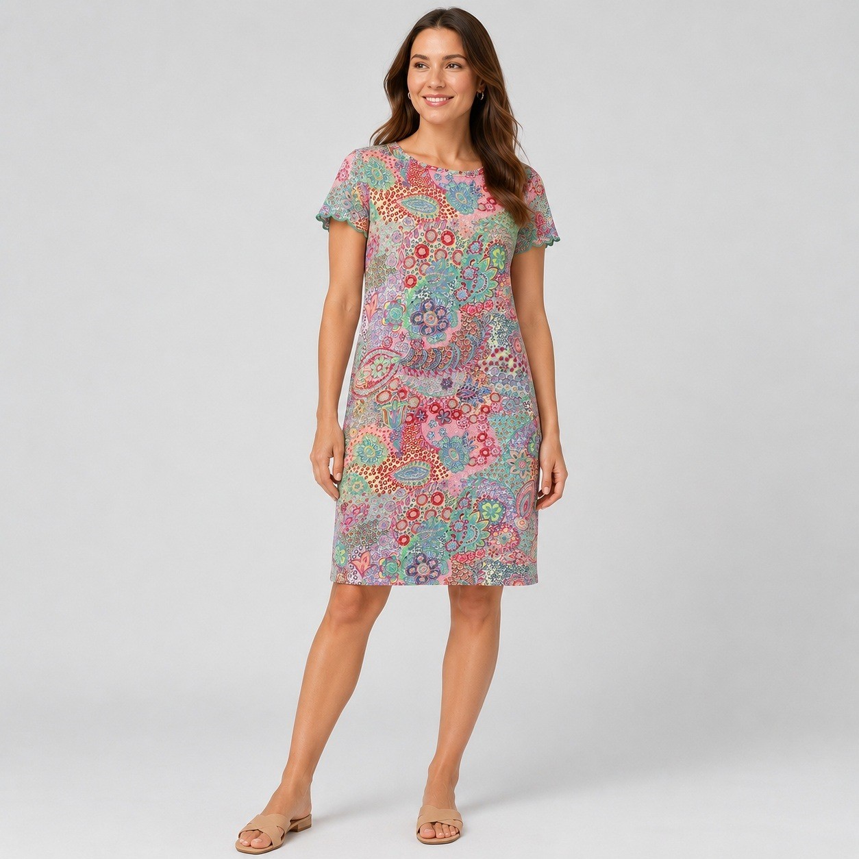 Talbots Paisley Floral Patchwork Boho Shift Dress Pink Cottagecore Scalloped S