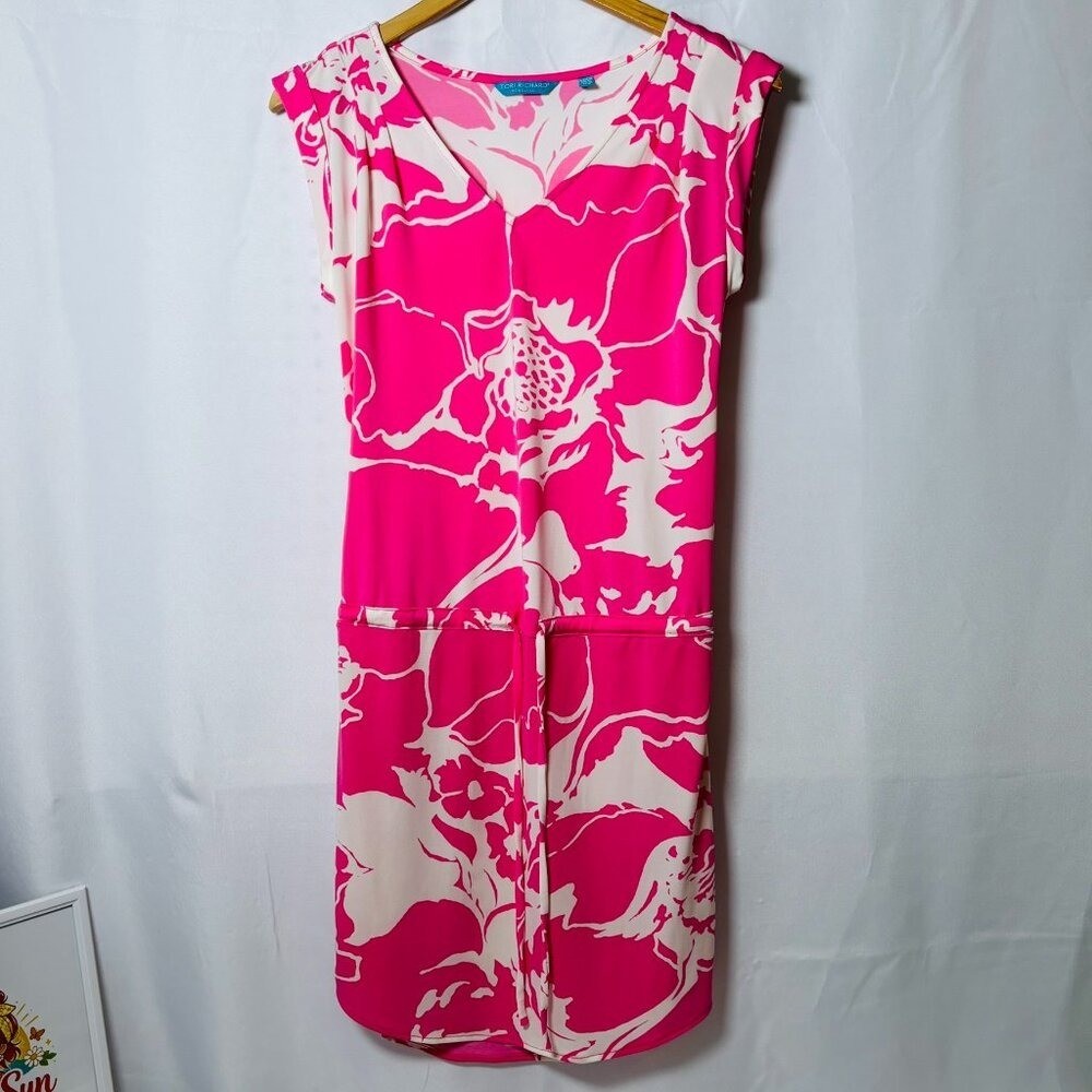 Tori Richard Honolulu Pink Tropical Floral Drawstring Dress XS Resort V-Neck