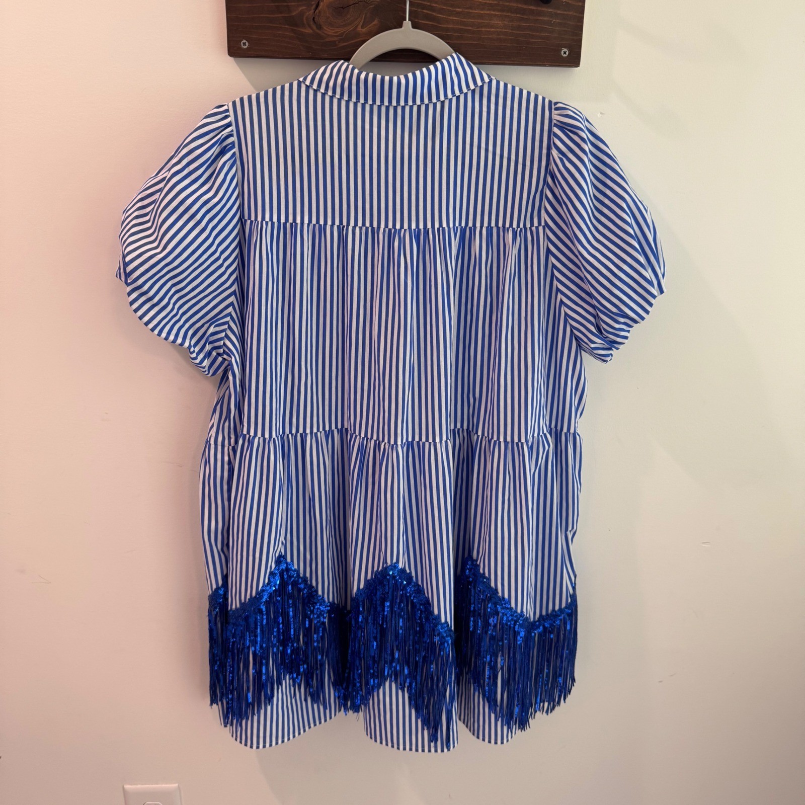 Fantastic Fawn Blue Striped Sequin Puff Sleeve Fringe Tiered Mini Dress Medium