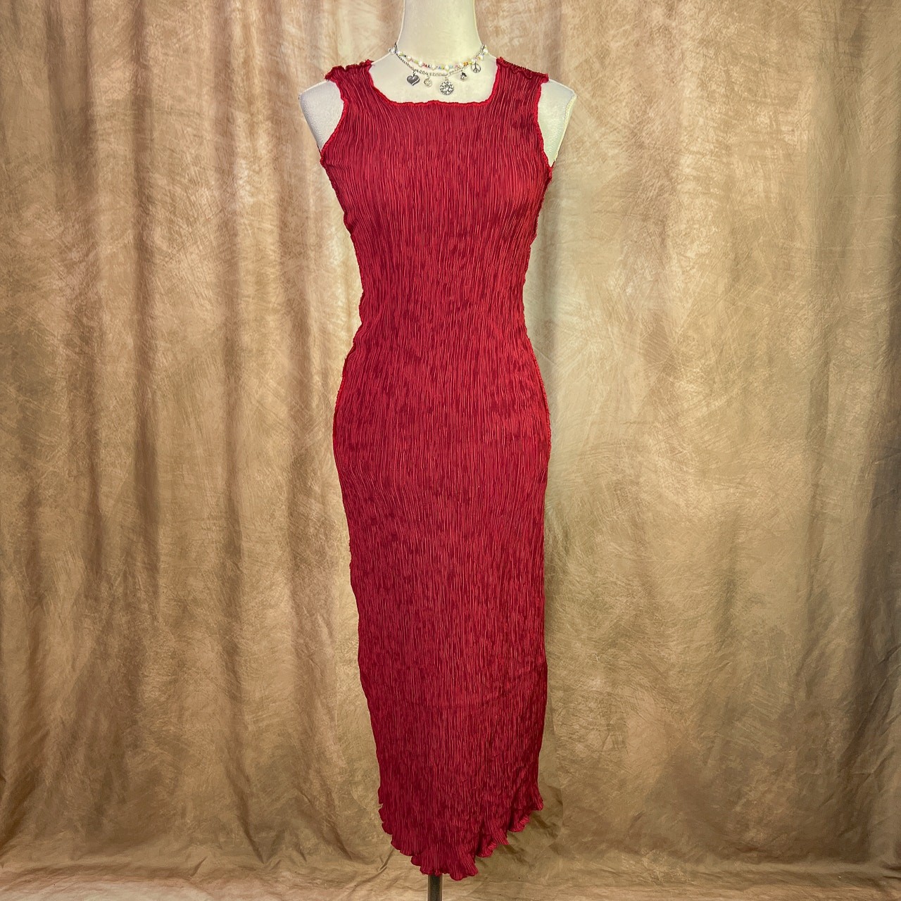 Vintage 90s Garb Textured Maxi Dress Red Bodycon Shift Ribbed Indie Vamp Euro
