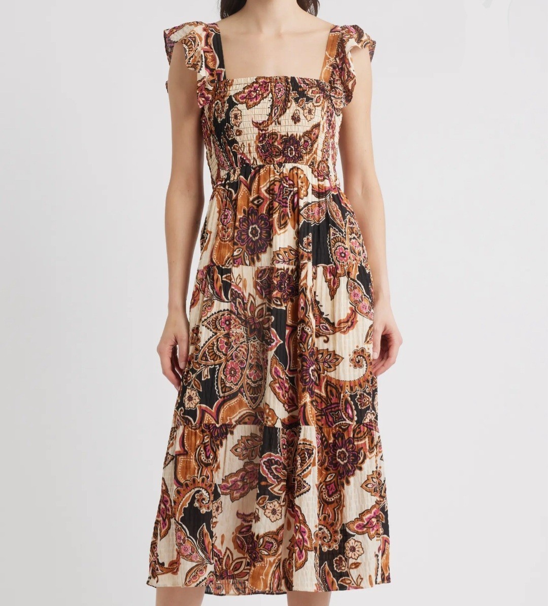 Vince Camuto Square Neck Paisley Print Fit & Flare Midi Sun Dress Womens M NWT