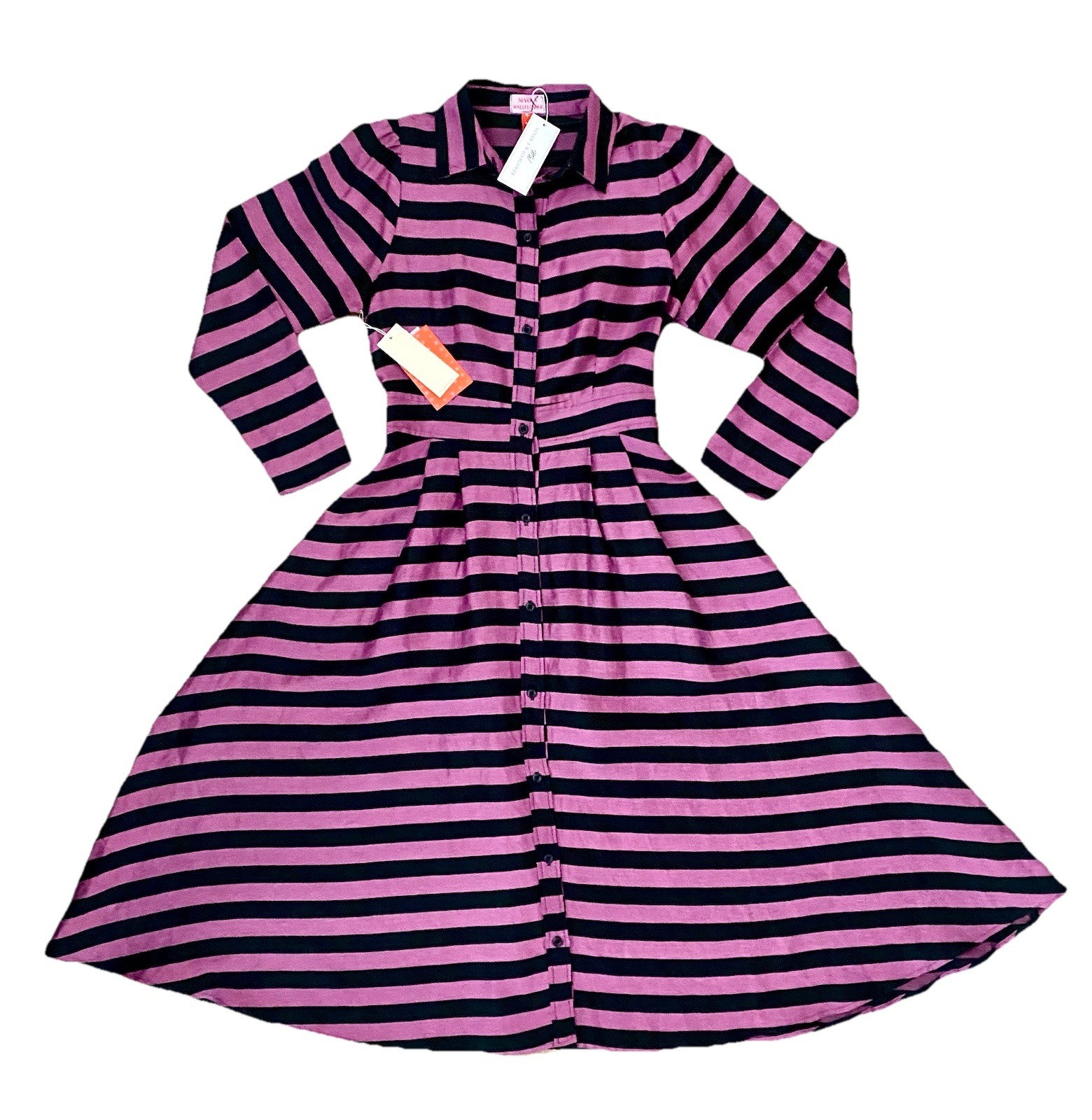 Never A Wallflower Button Down LS A-Line Dress Fuchsia Black Stripe Linen XS NWT