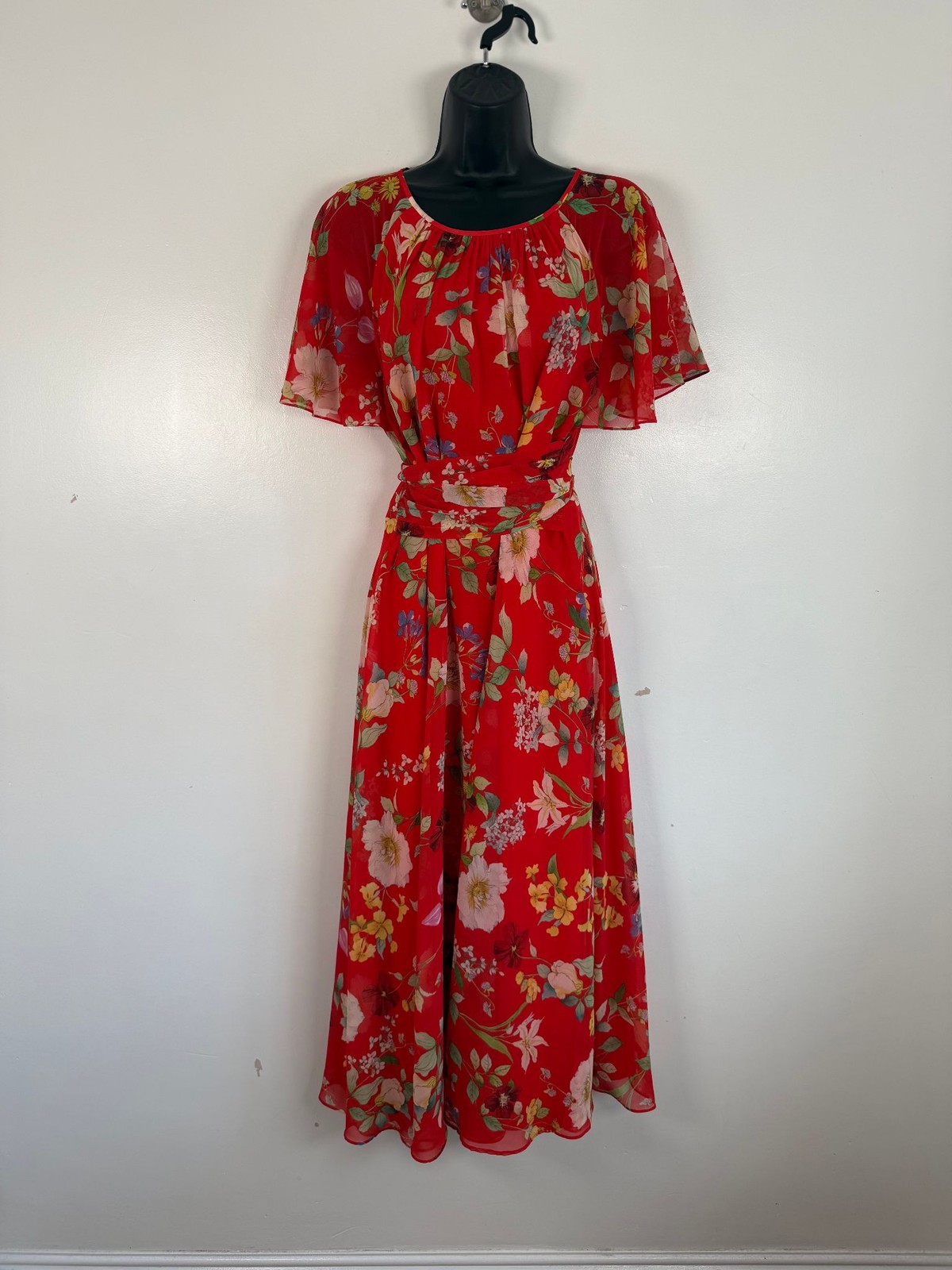 Hobbs Dress Size Uk 14 Red Midi Floral Chiffon Belt Sarah Party Cocktail Wedding
