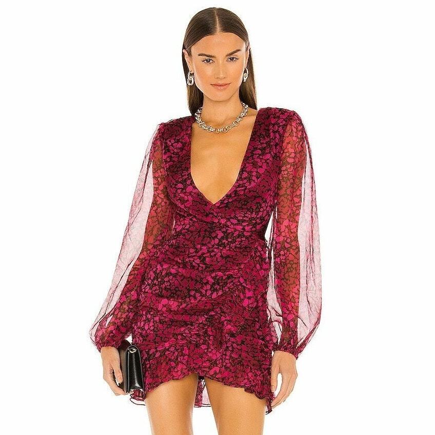NBD Klaudia Mini Dress Black Red Leopard Sheer Ruched V-Neck Long Sleeve Sz XS