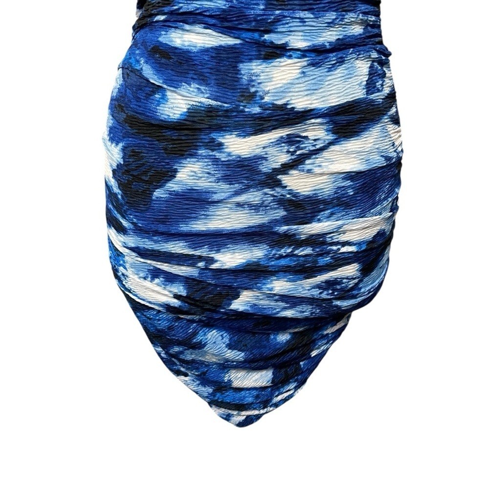 MISCREANTS Blue Tie-Dye One-Shoulder Ruched Mini Dress & Gloves, UK 8