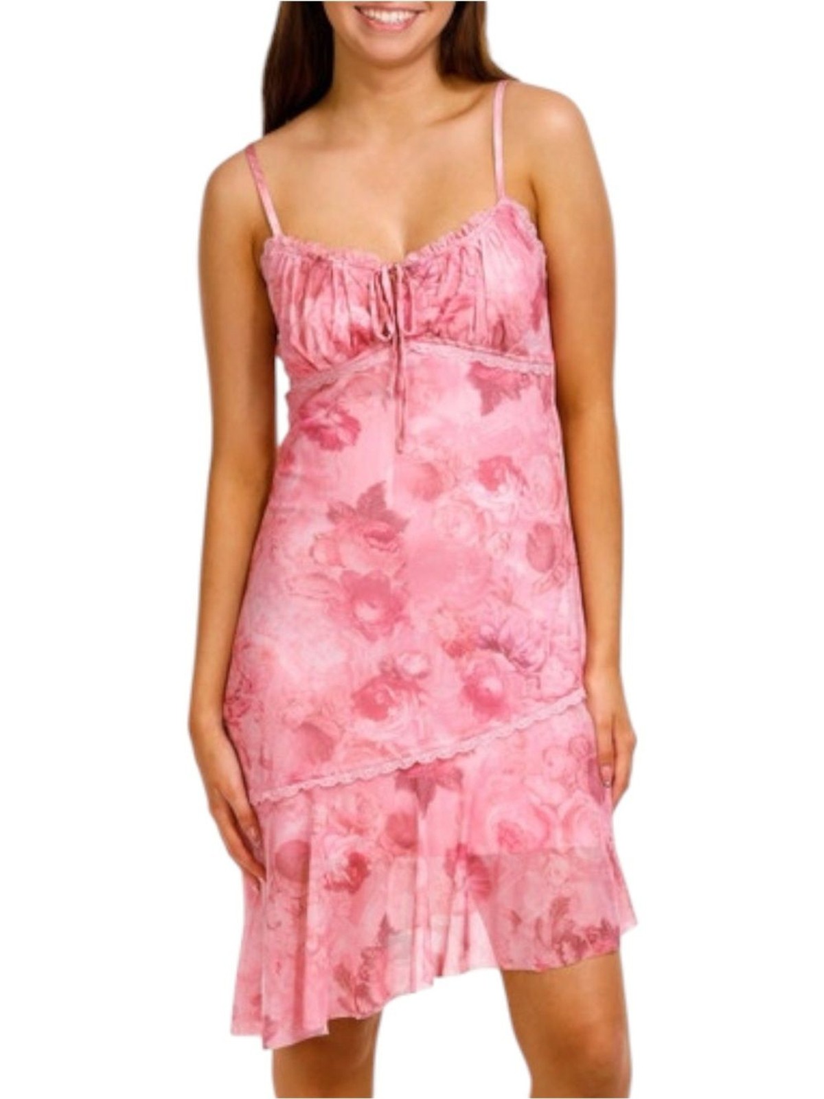 madden girl sleeveless pink floral mesh ruched asymmetrical dress Size M