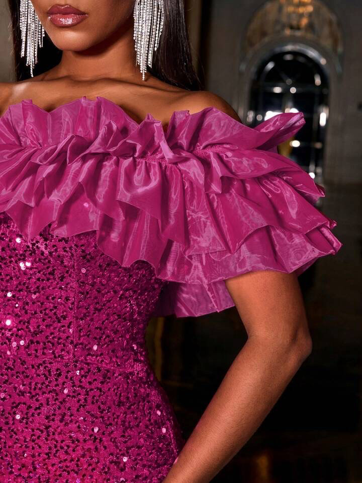 Layered Ruffle Trim Off Shoulder Sequin Mermaid Dress