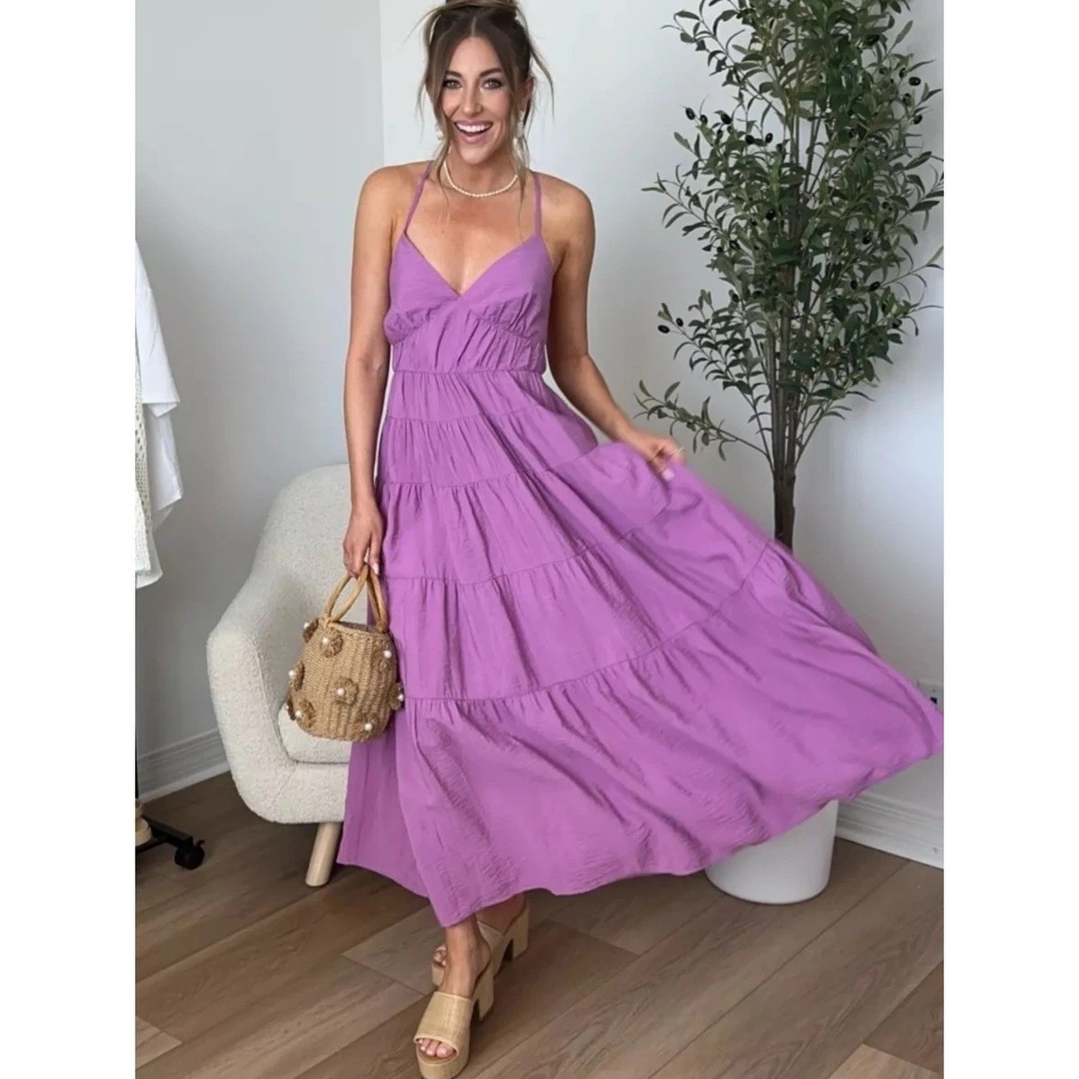 Abercrombie & Fitch Flowy Tiered Maxi Dress in Purple/Pink Size XL Adjustable