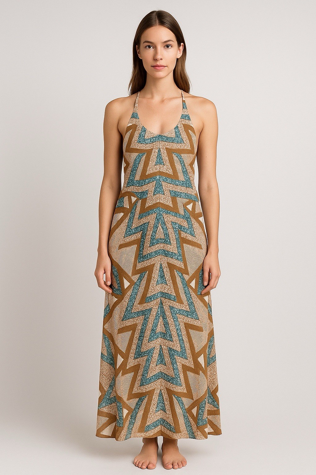 Free People Womens M Halter Maxi Dress Geometric Print Boho Festival Resort